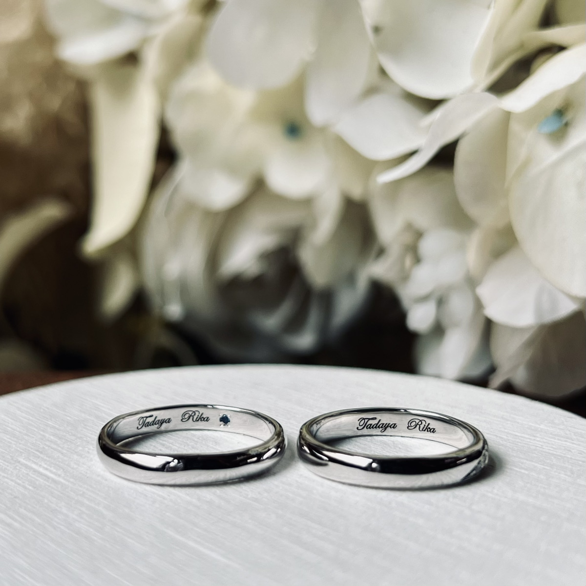 手作りペアリング（シルバー） シルバー（SV950） 甲丸 鏡面 ３mm 4月 ダイヤモンド 9月 サファイア カラーリング（ロジウム） レーザー刻印 変色防止コーティング