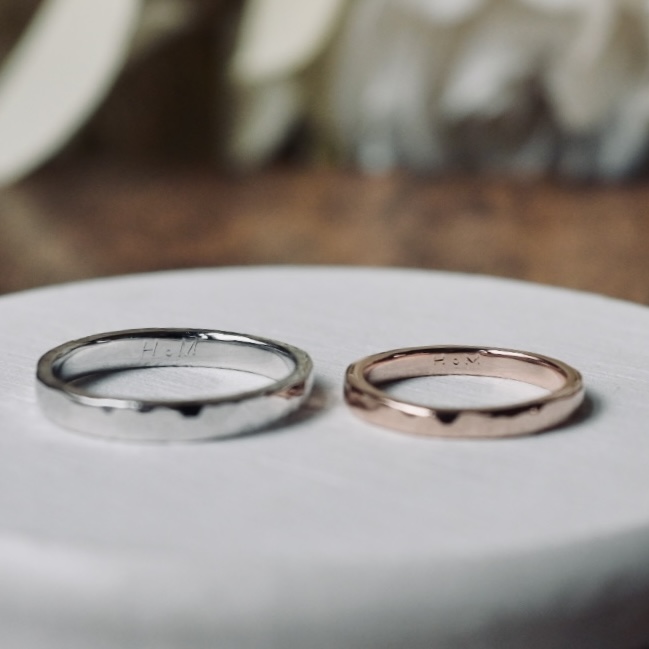 手作りペアリング（シルバー） シルバー（SV950） 平打ち（内甲丸） ハンマー 鏡面 ２mm ３mm カラーリング（ピンクゴールド） カラーリング（ロジウム） 変色防止コーティング 手打ち刻印