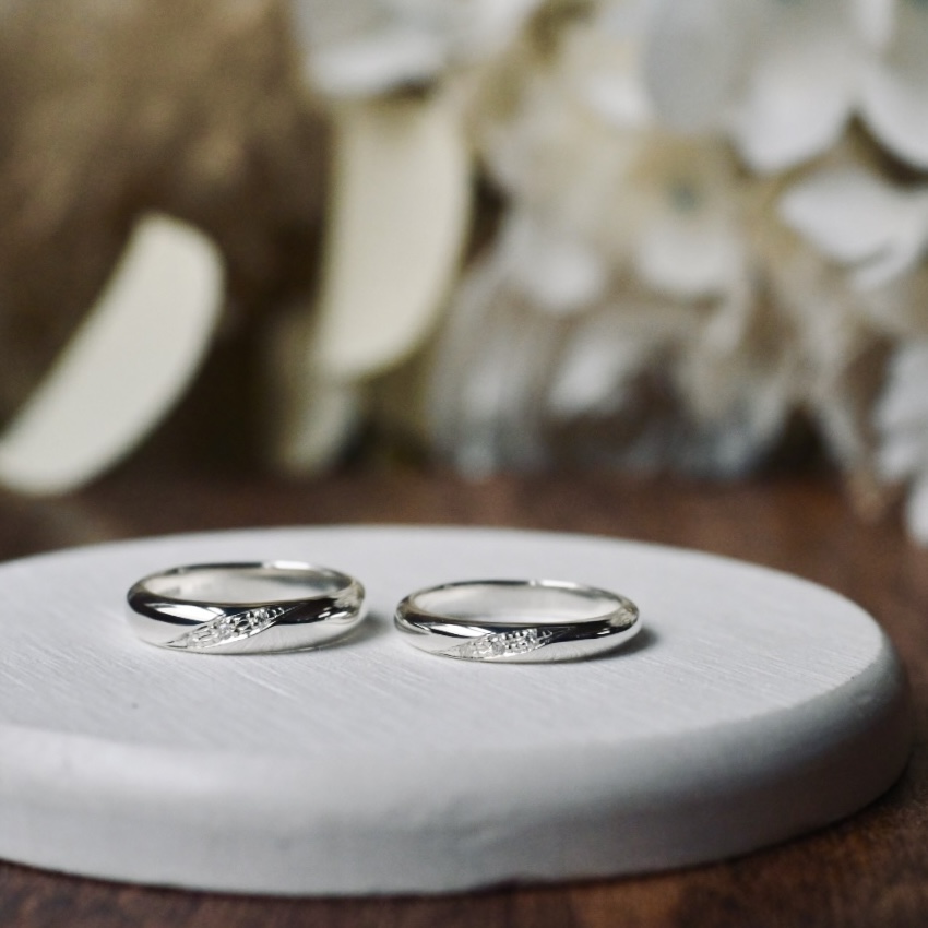 手作りペアリング（シルバー） シルバー（SV950） 甲丸 鏡面 ３mm ４mm 4月 ダイヤモンド