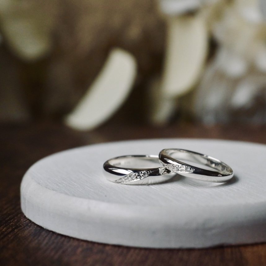 手作りペアリング（シルバー） シルバー（SV950） 甲丸 鏡面 ３mm ４mm 4月 ダイヤモンド