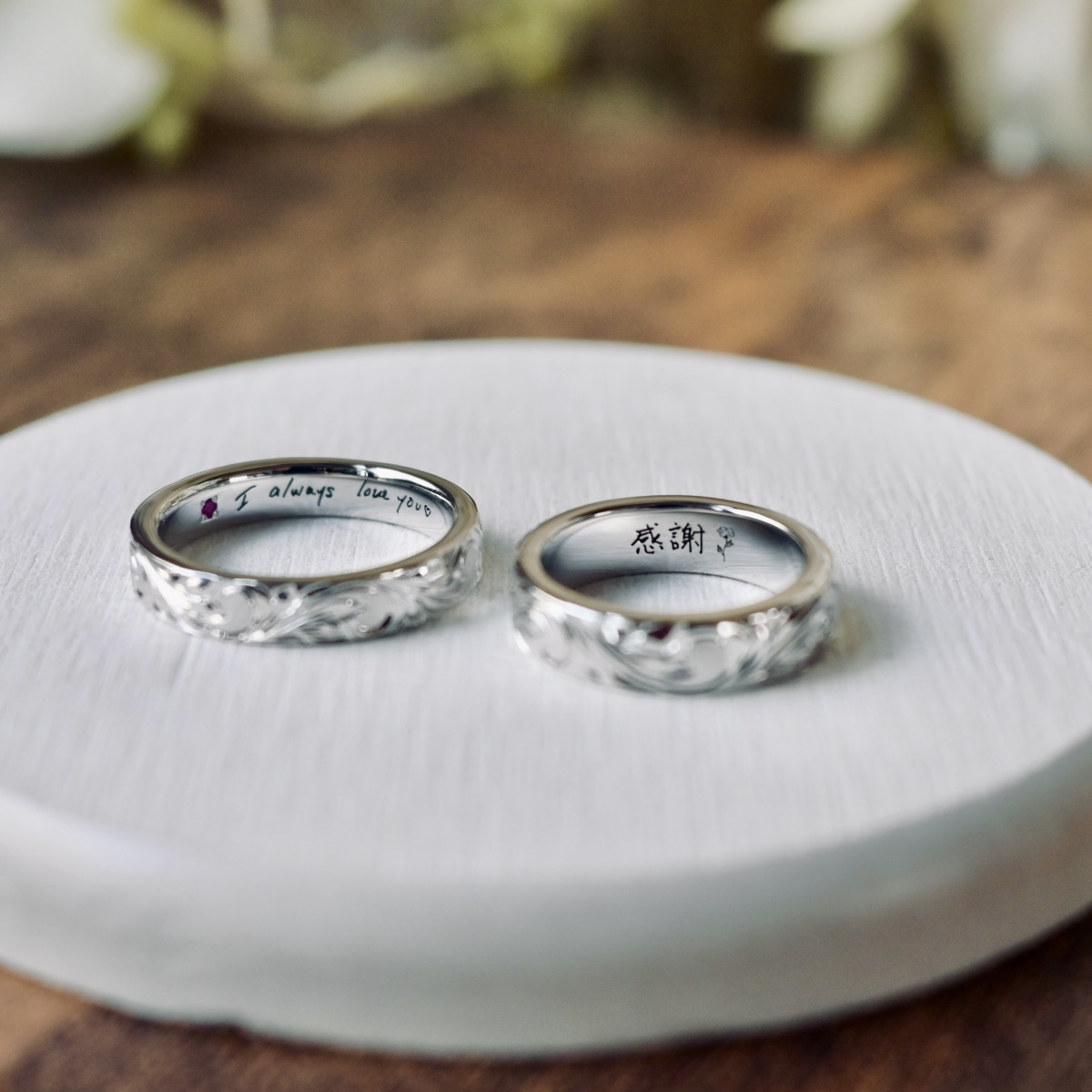 手作りペアリング（シルバー） シルバー（SV950） 平打ち（内甲丸） ハワイアン 鏡面 ４mm ５mm 1月 ガーネット 7月 ルビー 9月 サファイア カラーリング（ロジウム） 変色防止コーティング 手書きレーザー刻印