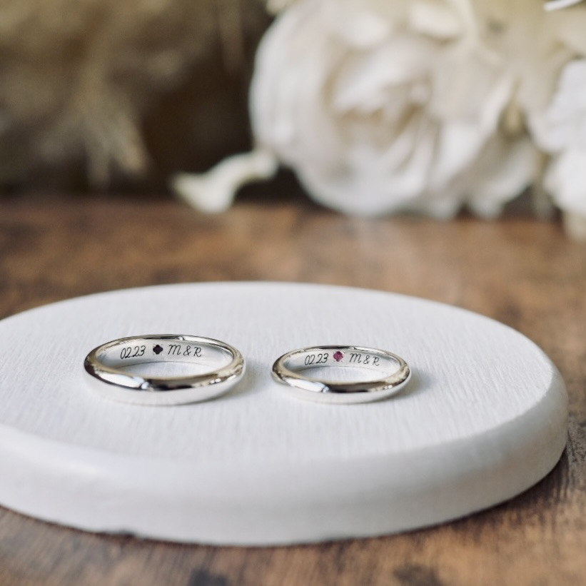 手作りペアリング（シルバー） シルバー（SV950） 甲丸 鏡面 ３mm ４mm 10月 トルマリン 1月 ガーネット レーザー刻印