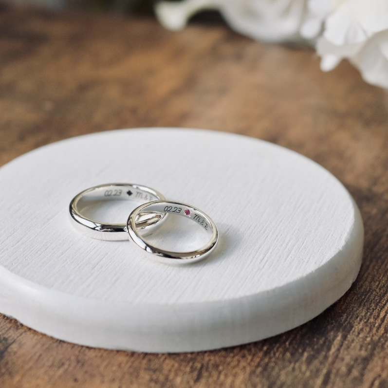 手作りペアリング（シルバー） シルバー（SV950） 甲丸 鏡面 ３mm ４mm 10月 トルマリン 1月 ガーネット レーザー刻印