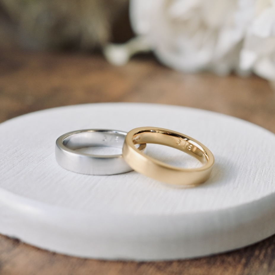 手作りペアリング（シルバー） シルバー（SV950） 平打ち（内甲丸） つや消し ４mm ５mm カラーリング（アンティークゴールド） カラーリング（ロジウム） 変色防止コーティング 手打ち刻印