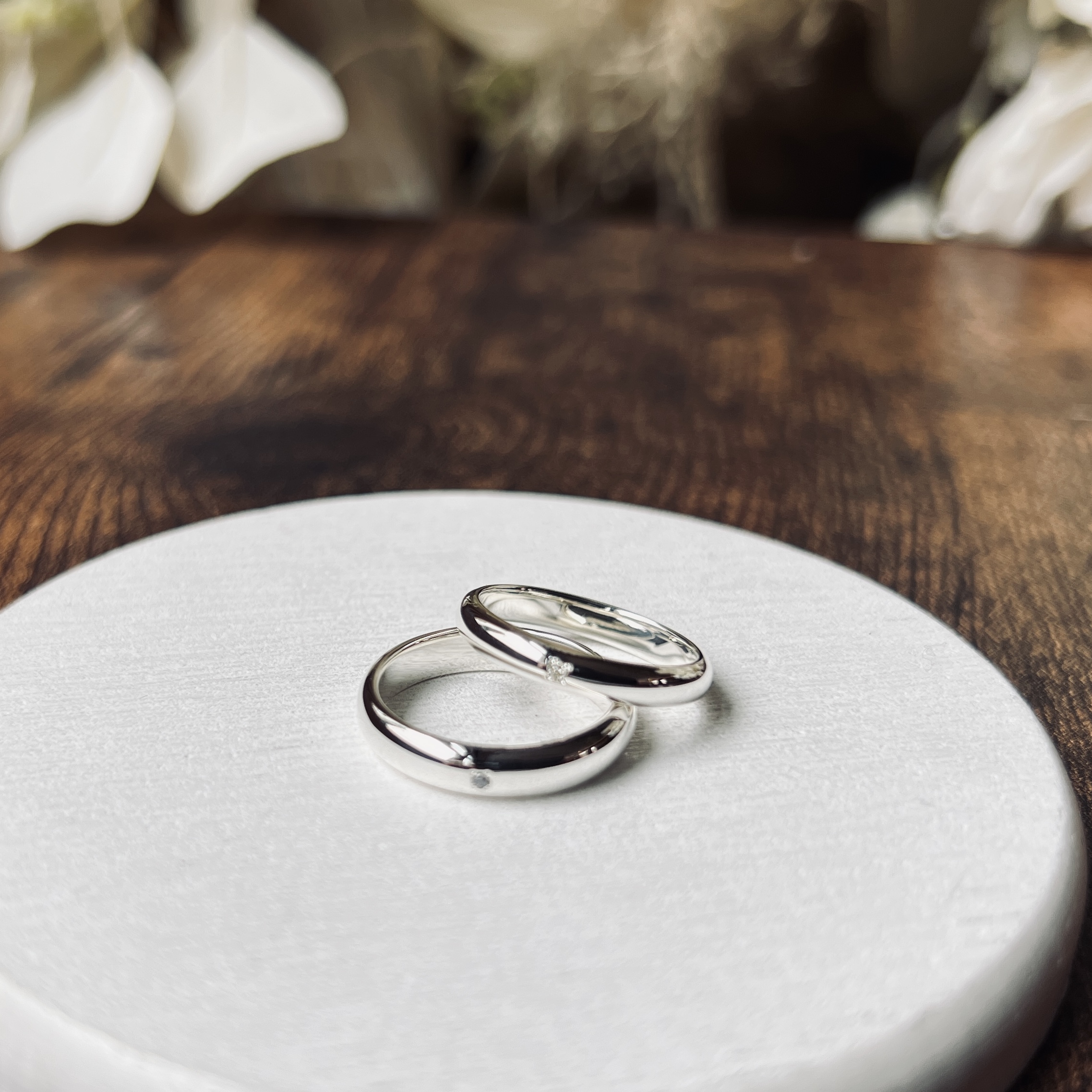 手作りペアリング（シルバー） シルバー（SV950） 甲丸 鏡面 ３mm ４mm 12月 タンザナイト 4月 ダイヤモンド レーザー刻印 変色防止コーティング