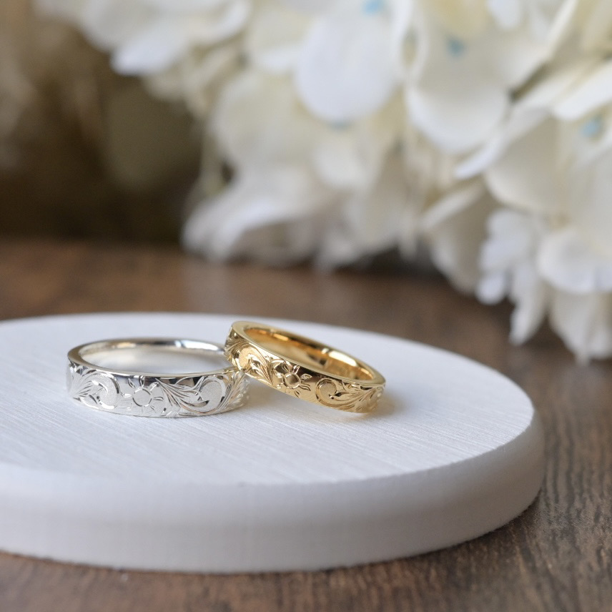 手作りハワイアンシルバーリング（ペアリング） シルバー（SV950） 平打ち（内甲丸） ハワイアン 鏡面 ３mm ４mm カラーリング（アンティークゴールド） カラーリング（ロジウム）