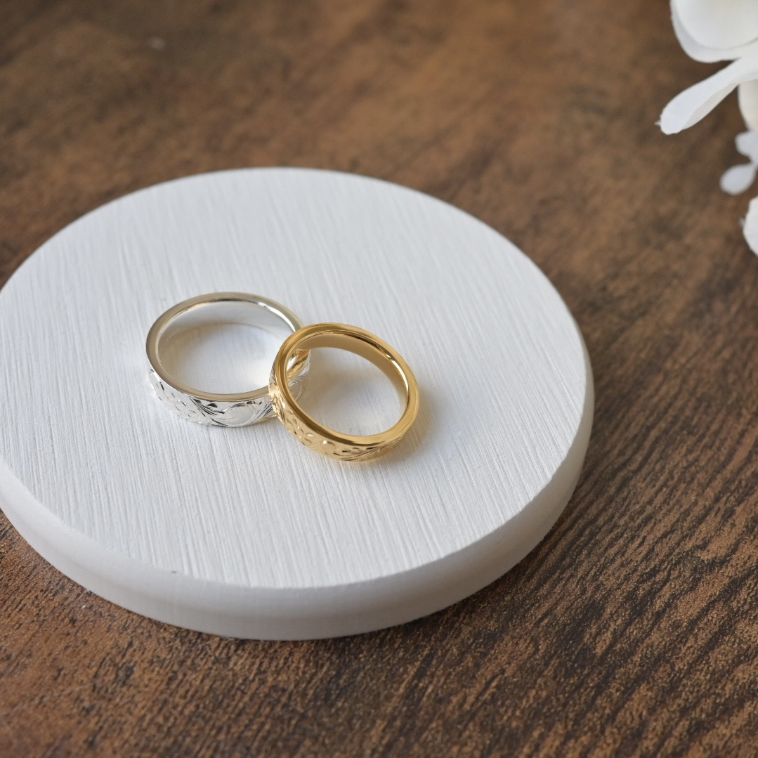 手作りハワイアンシルバーリング（ペアリング） シルバー（SV950） 平打ち（内甲丸） ハワイアン 鏡面 ３mm ４mm カラーリング（アンティークゴールド） カラーリング（ロジウム）