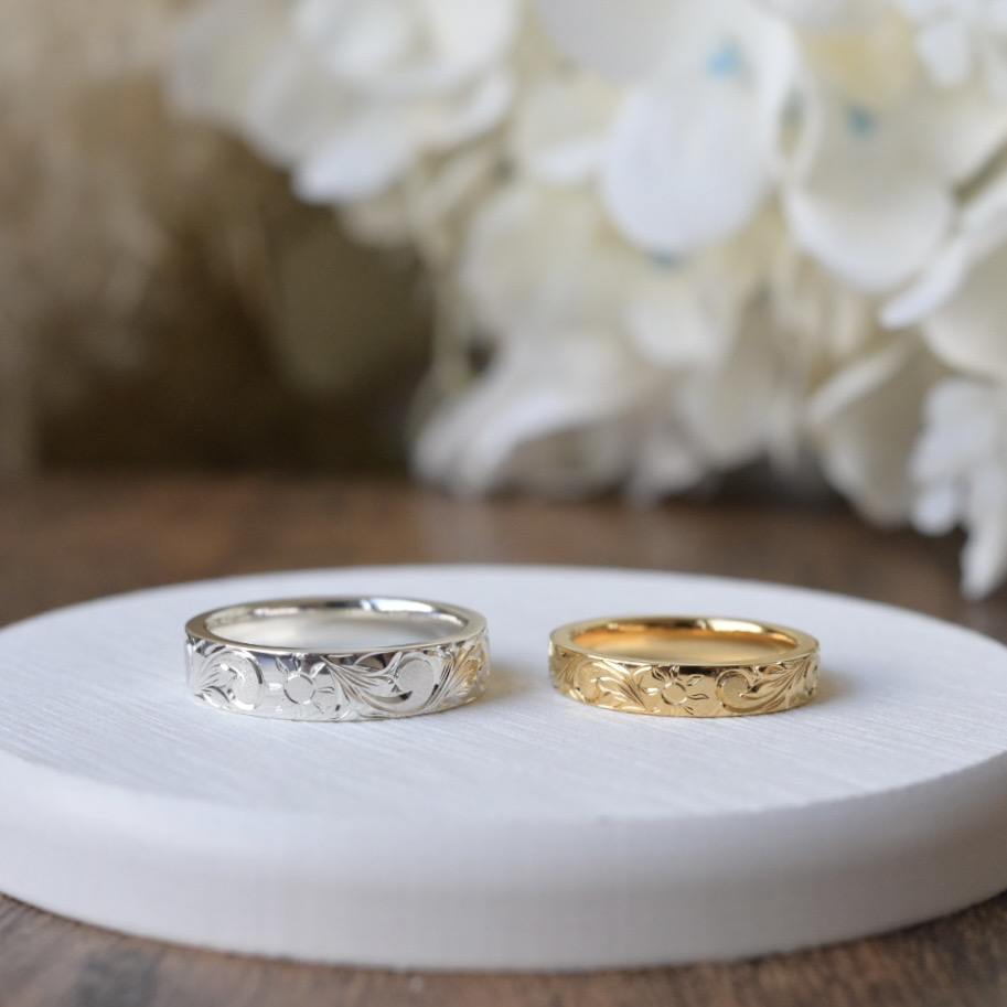 手作りハワイアンシルバーリング（ペアリング） シルバー（SV950） 平打ち（内甲丸） ハワイアン 鏡面 ３mm ４mm カラーリング（アンティークゴールド） カラーリング（ロジウム）