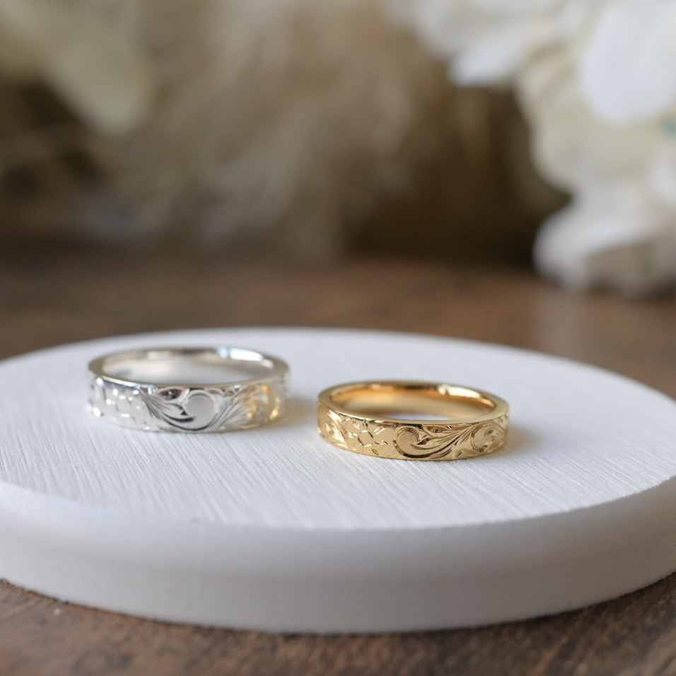 手作りハワイアンシルバーリング（ペアリング） シルバー（SV950） 平打ち（内甲丸） ハワイアン 鏡面 ３mm ４mm カラーリング（アンティークゴールド） カラーリング（ロジウム）