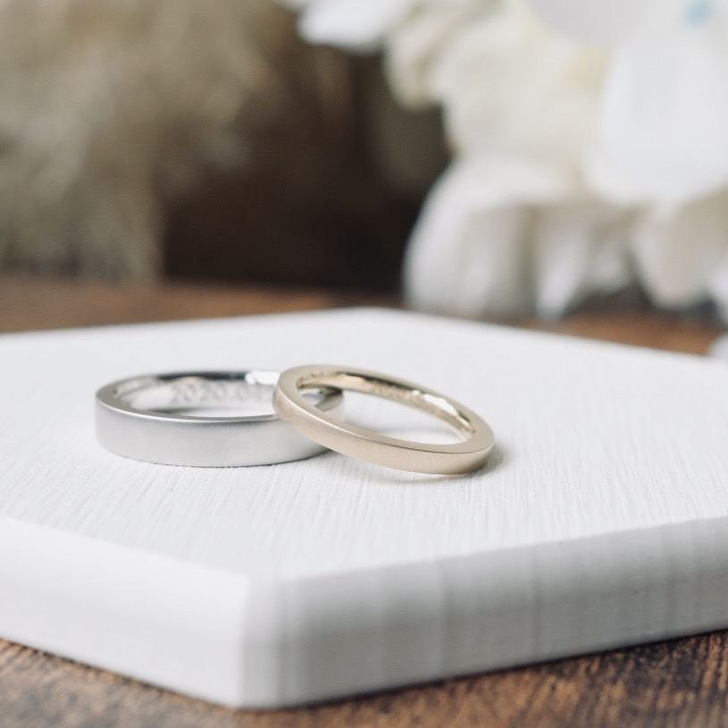 手作りペアリング（シルバー） 平打ち（内甲丸） つや消し ２mm ４mm カラーリング（シャンパンゴールド） カラーリング（ロジウム） レーザー刻印