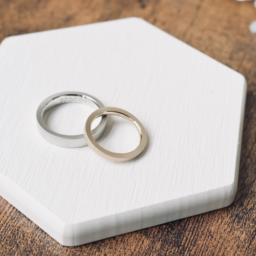 手作りペアリング（シルバー） 平打ち（内甲丸） つや消し ２mm ４mm カラーリング（シャンパンゴールド） カラーリング（ロジウム） レーザー刻印