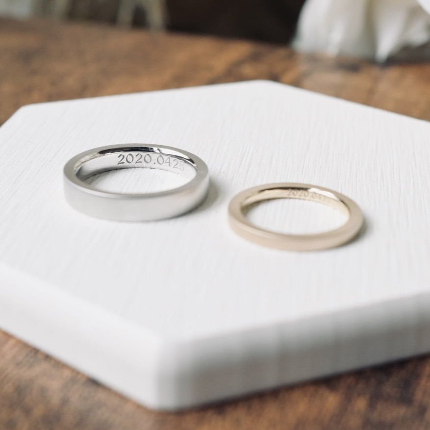 手作りペアリング（シルバー） 平打ち（内甲丸） つや消し ２mm ４mm カラーリング（シャンパンゴールド） カラーリング（ロジウム） レーザー刻印