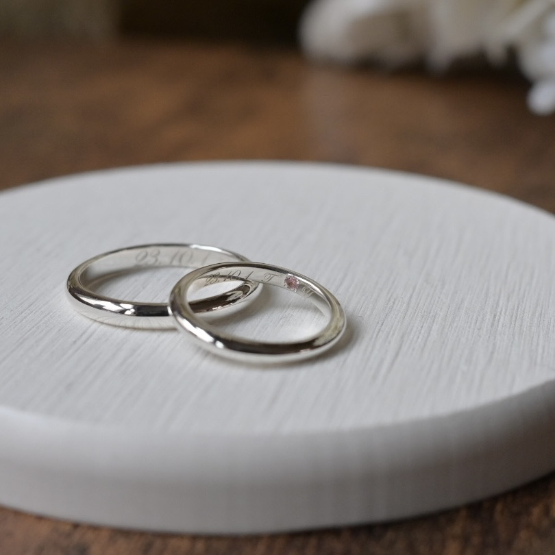 手作りペアリング（シルバー） シルバー（SV950） 甲丸 鏡面 ２mm ３mm 10月 トルマリン 3月 アクアマリン レーザー刻印 変色防止コーティング