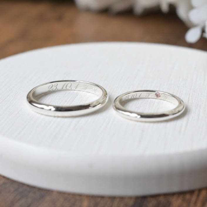 手作りペアリング（シルバー） シルバー（SV950） 甲丸 鏡面 ２mm ３mm 10月 トルマリン 3月 アクアマリン レーザー刻印 変色防止コーティング