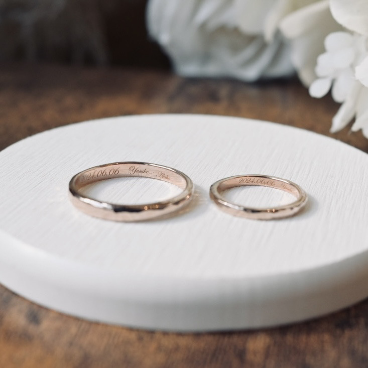 手作りペアリング（シルバー） シルバー（SV950） 甲丸 ハンマー 鏡面 ２mm ３mm カラーリング（ピンクゴールド） レーザー刻印