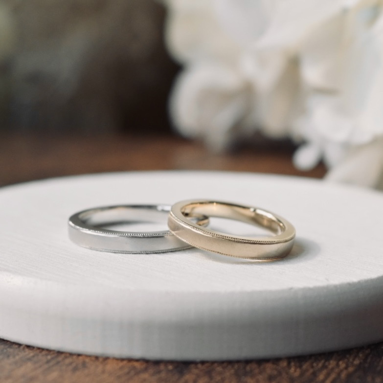 手作りペアリング（シルバー） シルバー（SV950） 平打ち（内甲丸） つや消し ３mm カラーリング（シャンパンゴールド） カラーリング（ロジウム） ミル打ち