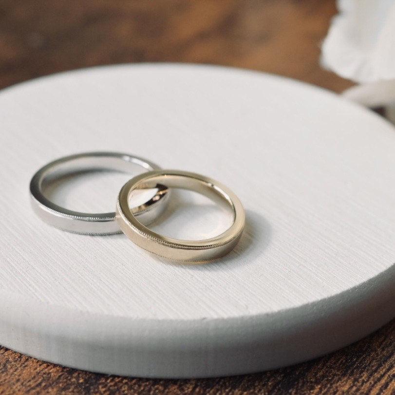 手作りペアリング（シルバー） シルバー（SV950） 平打ち（内甲丸） つや消し ３mm カラーリング（シャンパンゴールド） カラーリング（ロジウム） ミル打ち