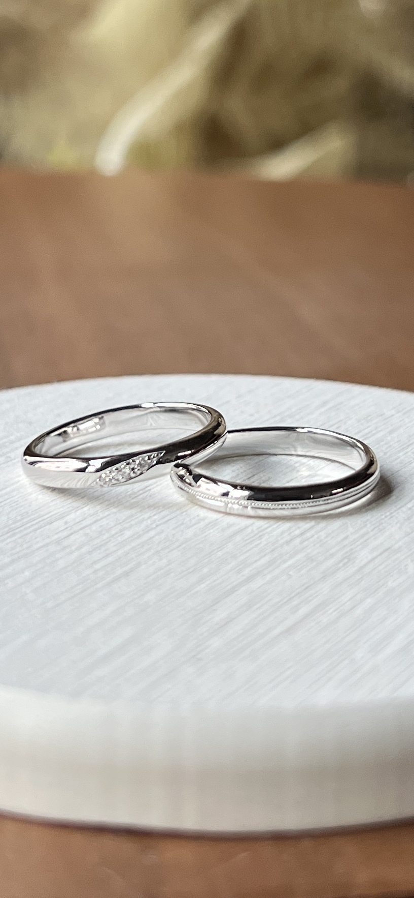 手作りペアリング（シルバー） 彫り留め 甲丸 鏡面 カラーレスダイヤモンド ミル打ち