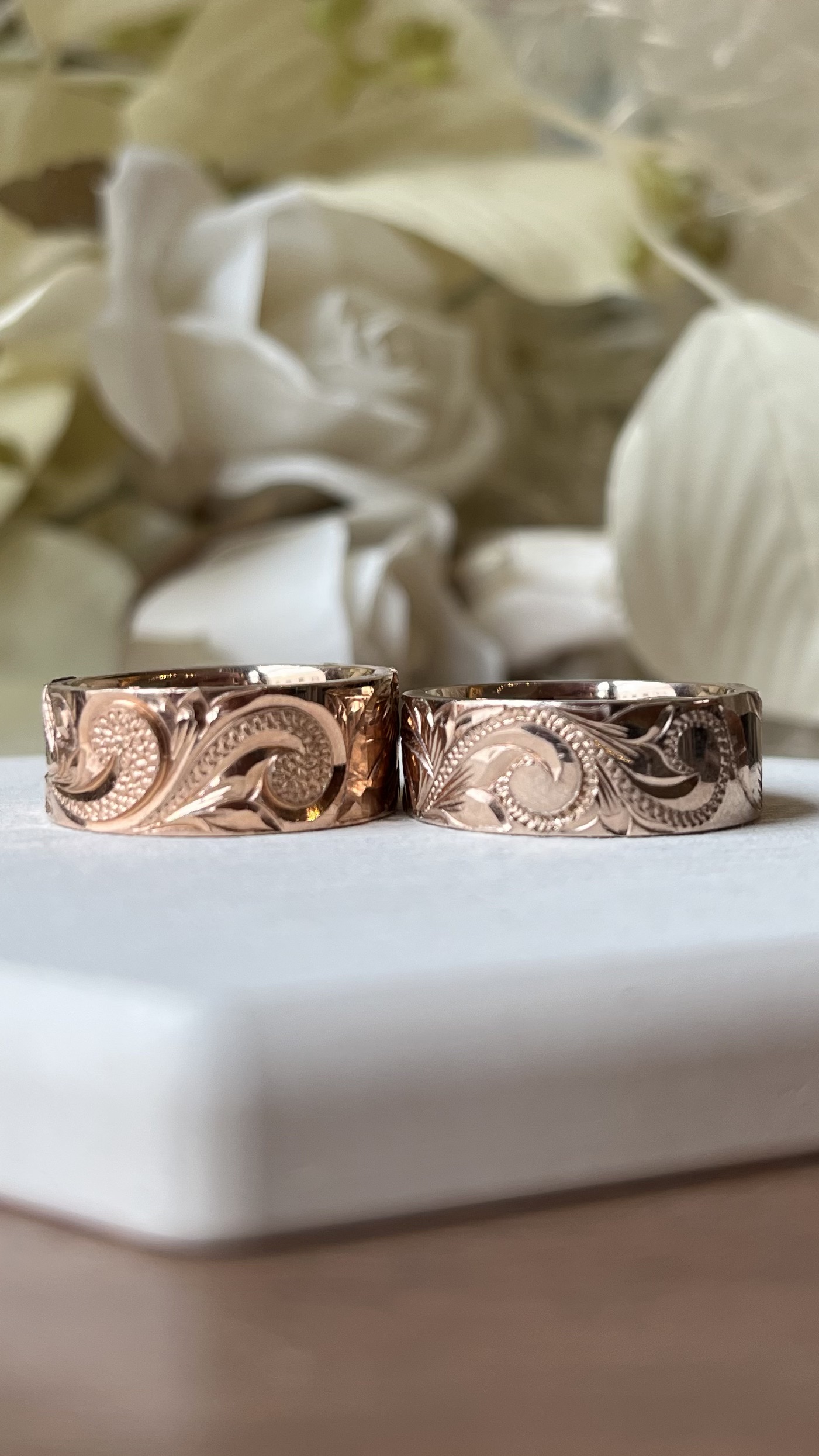 手作りハワイアンシルバーリング（ペアリング） シルバー925 平打ち（内甲丸） 平打ち（内甲丸） ハワイアン 鏡面 ８mm ９mm ウミガメ カラーリング（ピンクゴールド） ハワイアンふたりでひとつ プルメリア