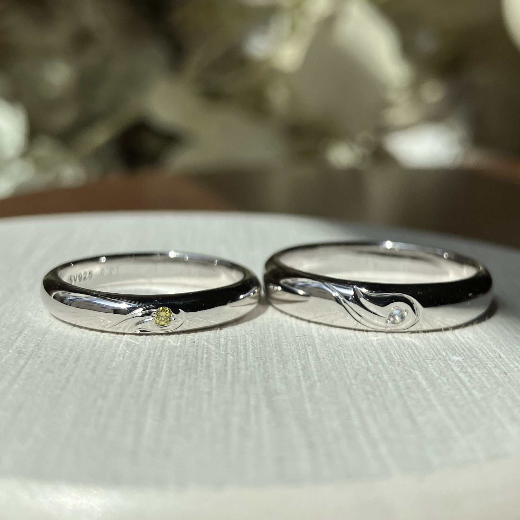 シルバー925 甲丸 ハワイアン 鏡面 ３mm ４mm 6月 ムーンストーン カナリアイエロー カラーダイヤモンド カラーリング（ロジウム） ハワイアン　ワンポイント フィッシュフック