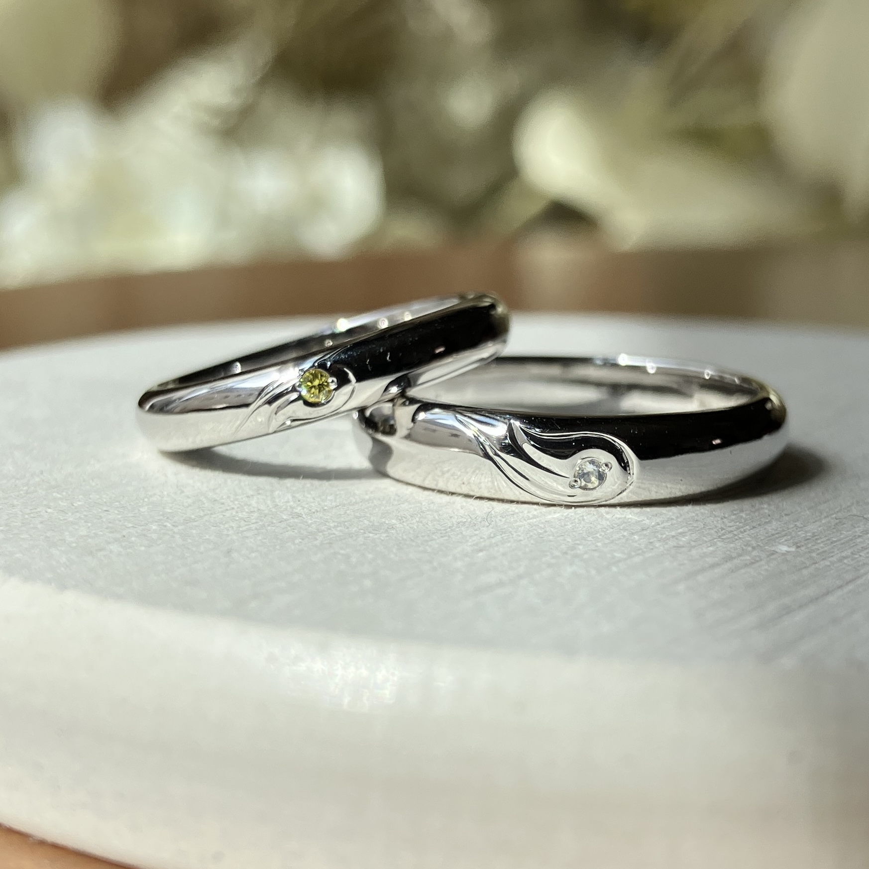 シルバー925 甲丸 ハワイアン 鏡面 ３mm ４mm 6月 ムーンストーン カナリアイエロー カラーダイヤモンド カラーリング（ロジウム） ハワイアン　ワンポイント フィッシュフック