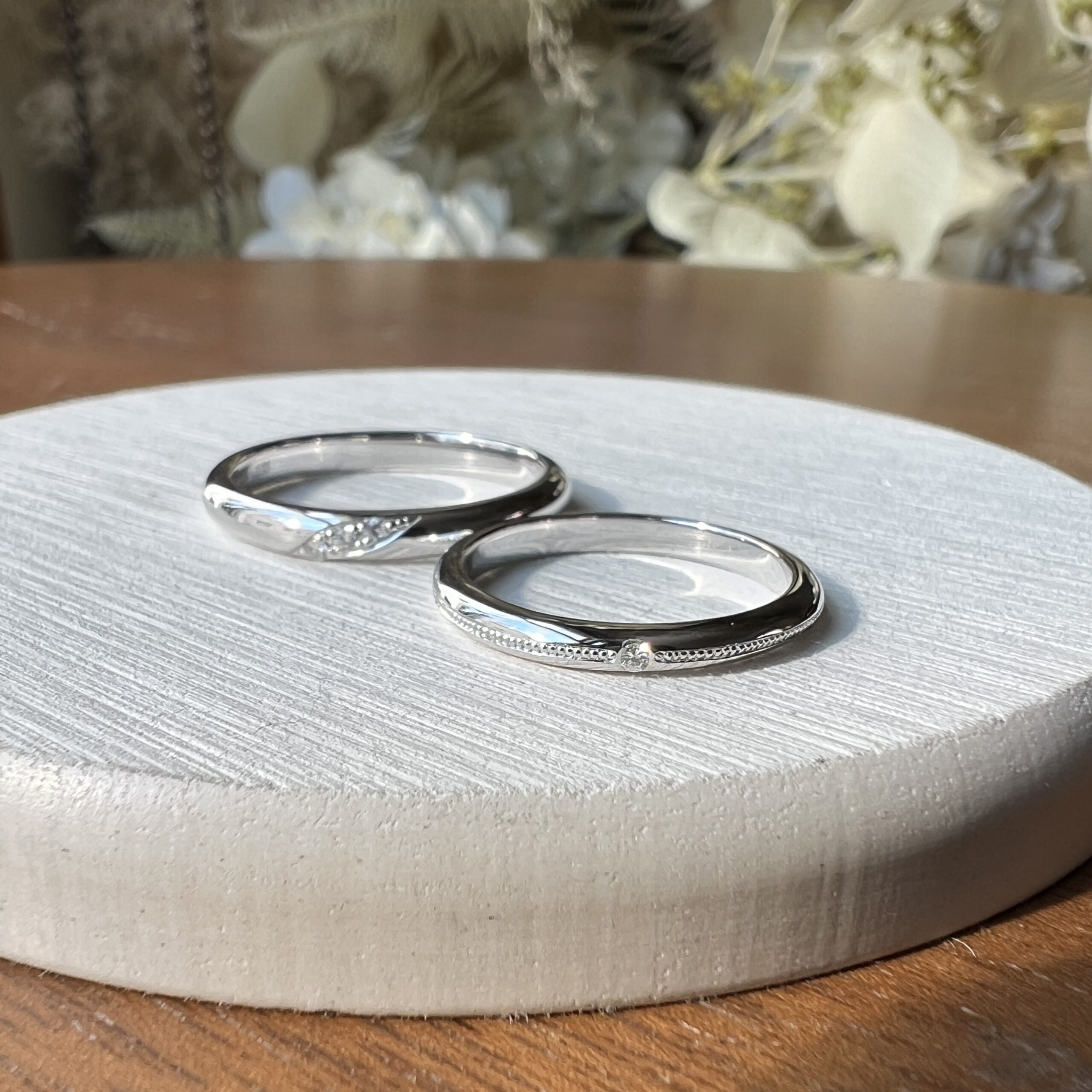 シルバー925 彫り留め 甲丸 鏡面 ２mm ３mm カラーレスダイヤモンド カラーリング（ロジウム） ミル打ち