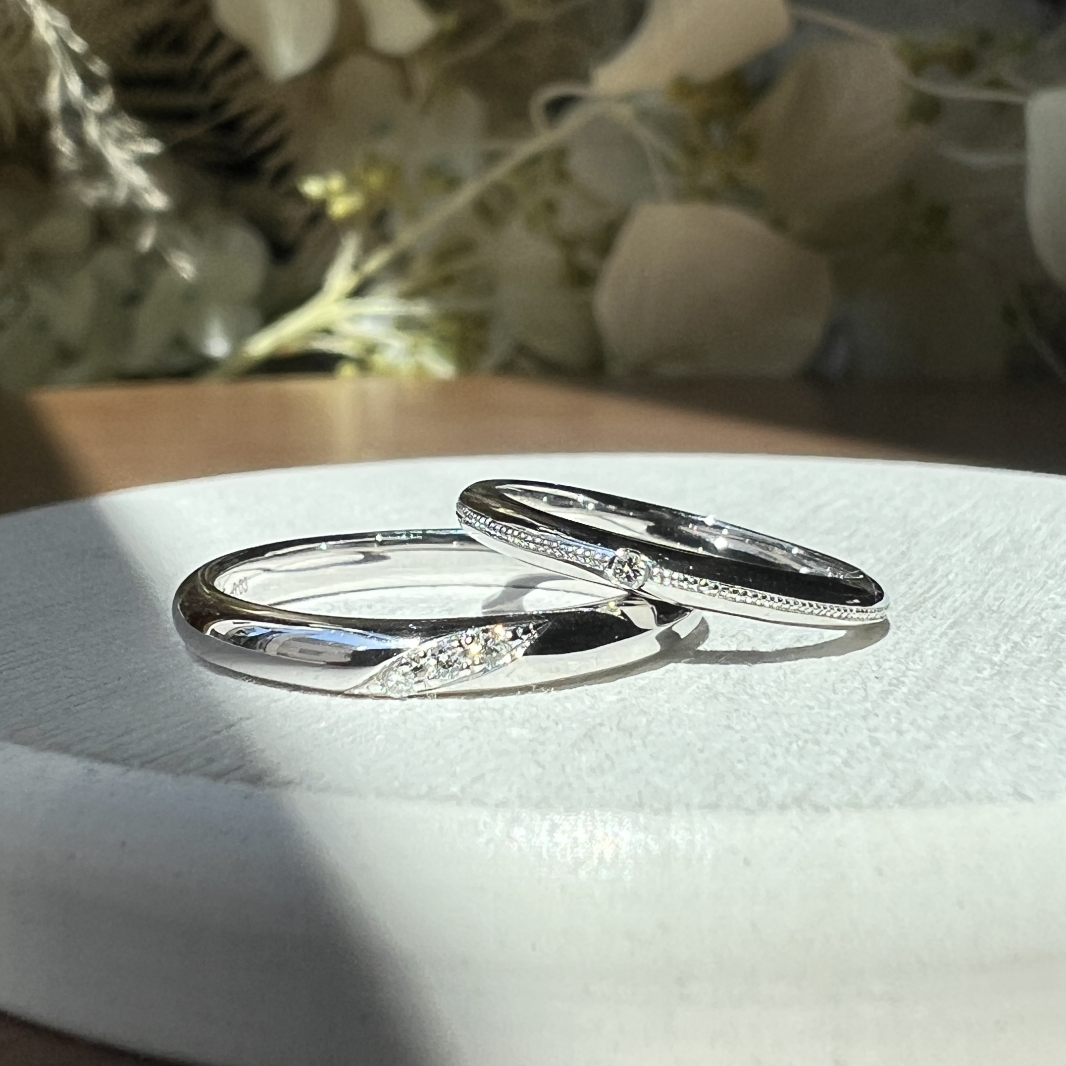 シルバー925 彫り留め 甲丸 鏡面 ２mm ３mm カラーレスダイヤモンド カラーリング（ロジウム） ミル打ち