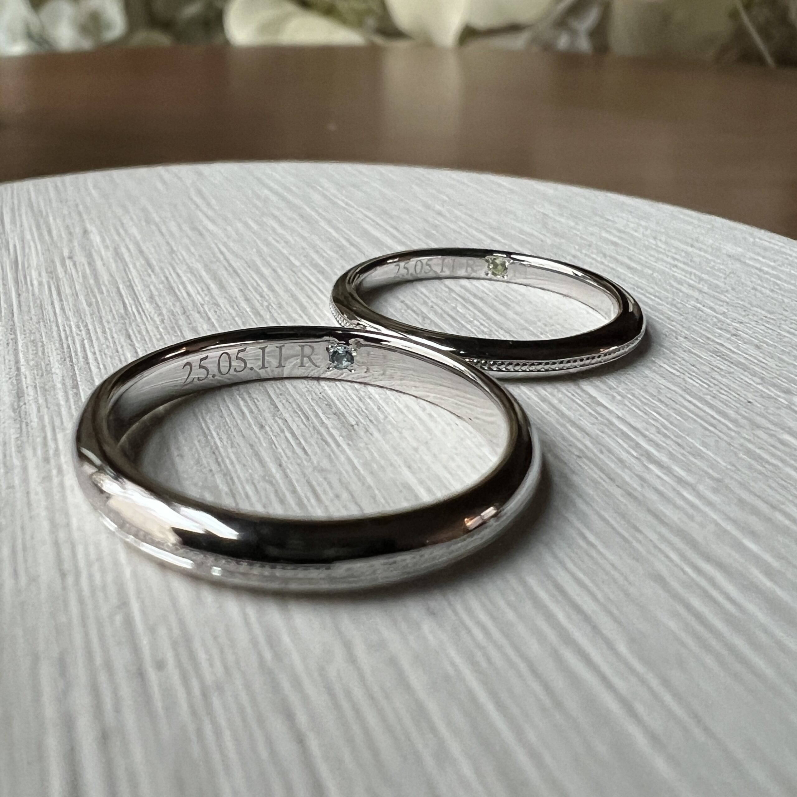 手作りペアリング（シルバー） シルバー925 甲丸 鏡面 ２mm ３mm 3月 アクアマリン 8月 ペリドット カラーダイヤモンド スカイブルーダイヤモンド カラーリング（ロジウム） ミル打ち レーザー刻印