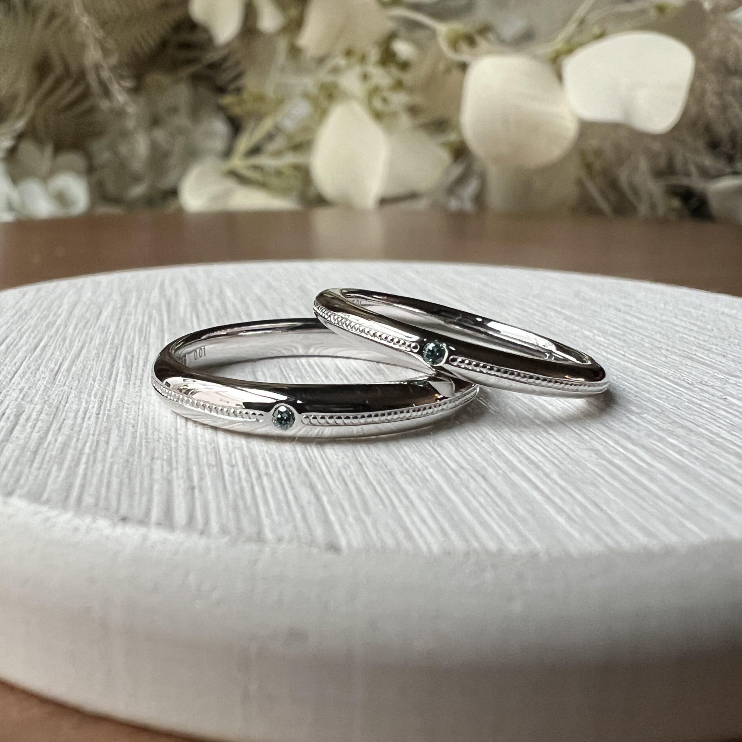 手作りペアリング（シルバー） シルバー925 甲丸 鏡面 ２mm ３mm 3月 アクアマリン 8月 ペリドット カラーダイヤモンド スカイブルーダイヤモンド カラーリング（ロジウム） ミル打ち レーザー刻印