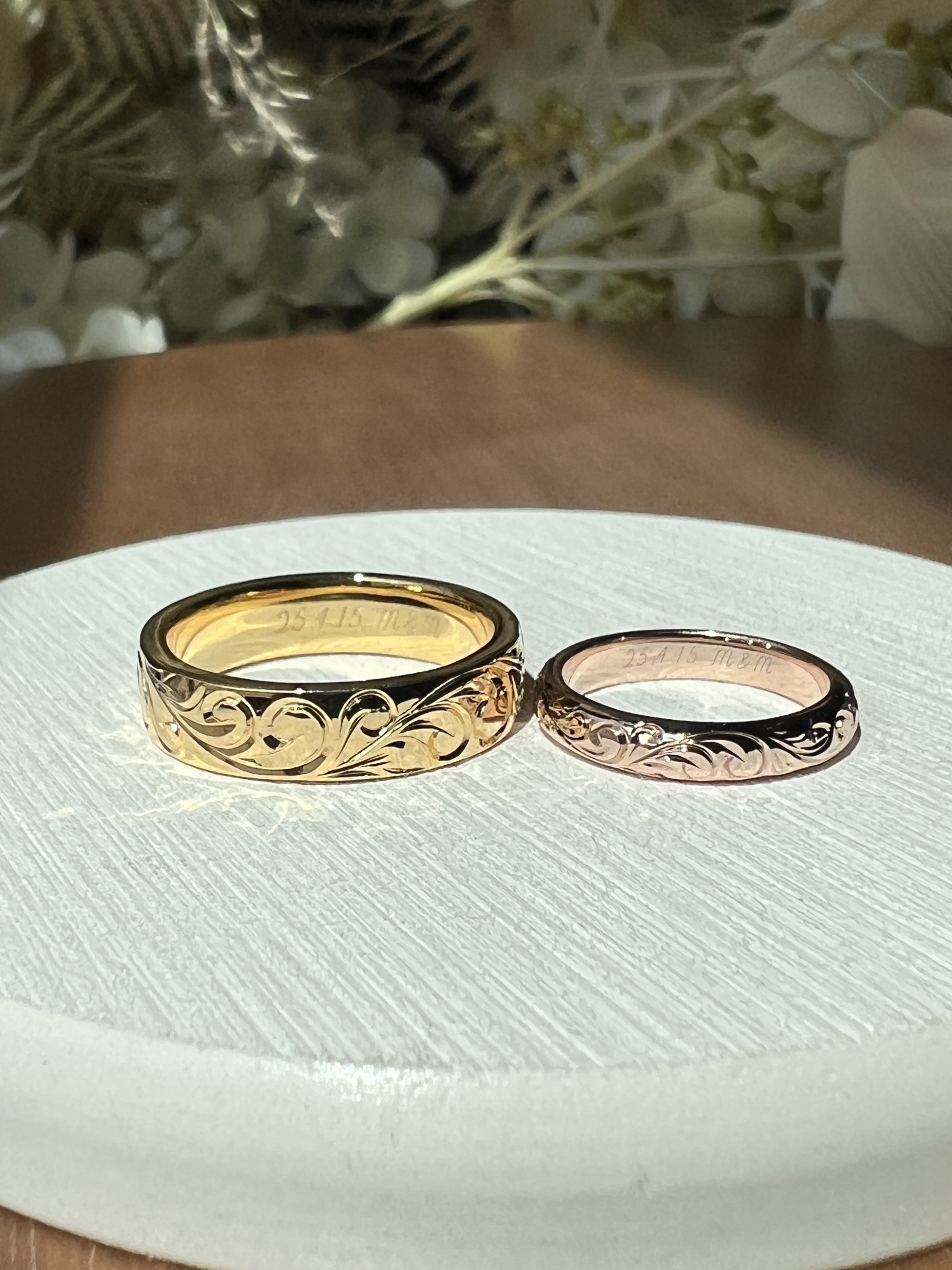 手作りハワイアンシルバーリング（ペアリング） 手作りペアリング（シルバー） シルバー925 平打ち（内甲丸） 甲丸 ハワイアン 鏡面 ３mm ５mm カラーリング（イエローゴールド） カラーリング（ピンクゴールド） レーザー刻印