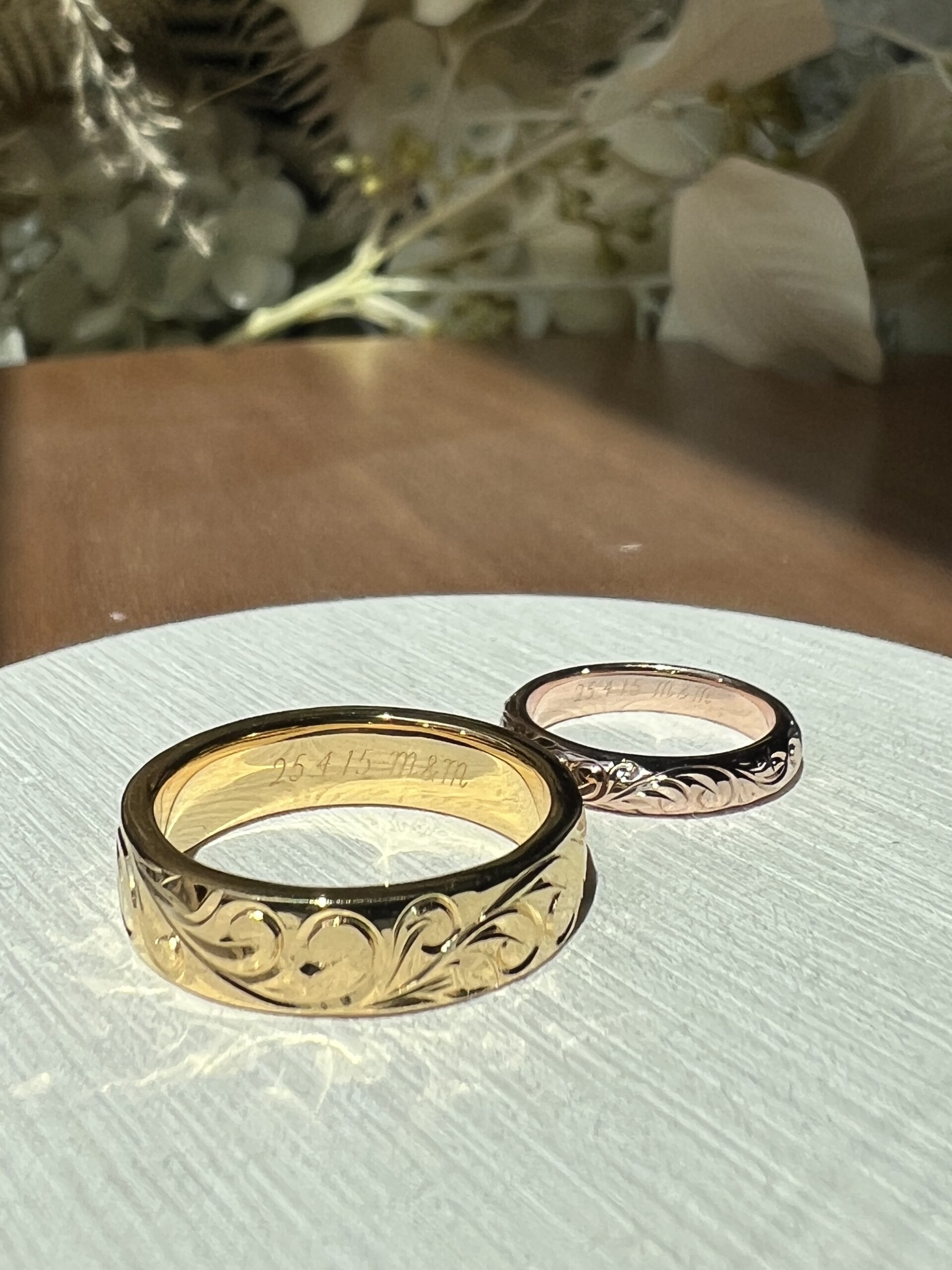 手作りハワイアンシルバーリング（ペアリング） 手作りペアリング（シルバー） シルバー925 平打ち（内甲丸） 甲丸 ハワイアン 鏡面 ３mm ５mm カラーリング（イエローゴールド） カラーリング（ピンクゴールド） レーザー刻印