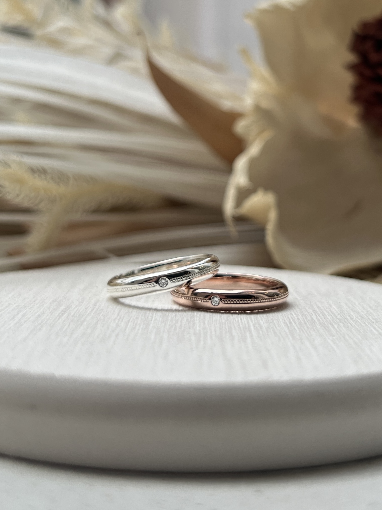 手作りペアリング（シルバー） シルバー925 甲丸 鏡面 ３mm 6月 ムーンストーン カラーレスダイヤ70％ カラーリング（ピンクゴールド） カラーリング（ロジウム） ミル打ち レーザー刻印