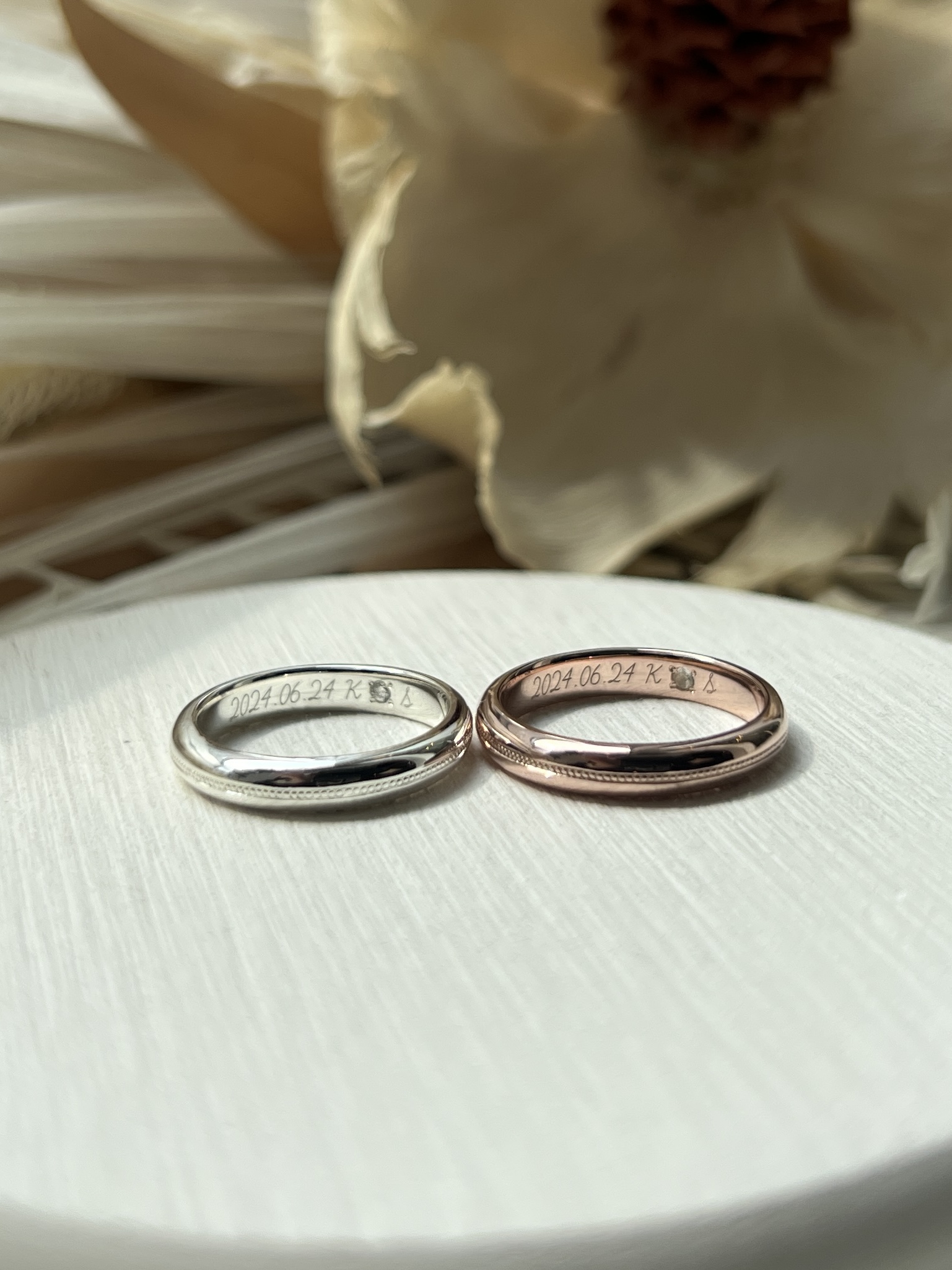 手作りペアリング（シルバー） シルバー925 甲丸 鏡面 ３mm 6月 ムーンストーン カラーレスダイヤ70％ カラーリング（ピンクゴールド） カラーリング（ロジウム） ミル打ち レーザー刻印