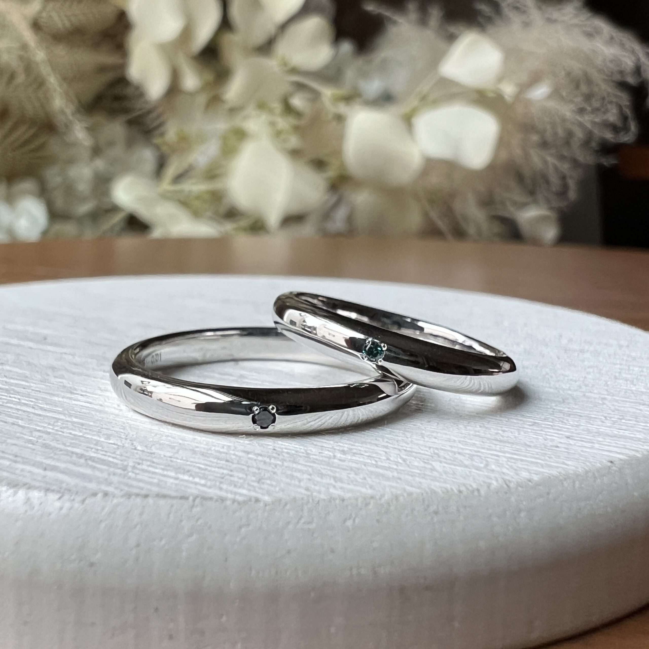 手作りペアリング（シルバー） シルバー925 ブルーダイヤモンド 甲丸 鏡面 ３mm カラーダイヤモンド ブラックダイヤモンド