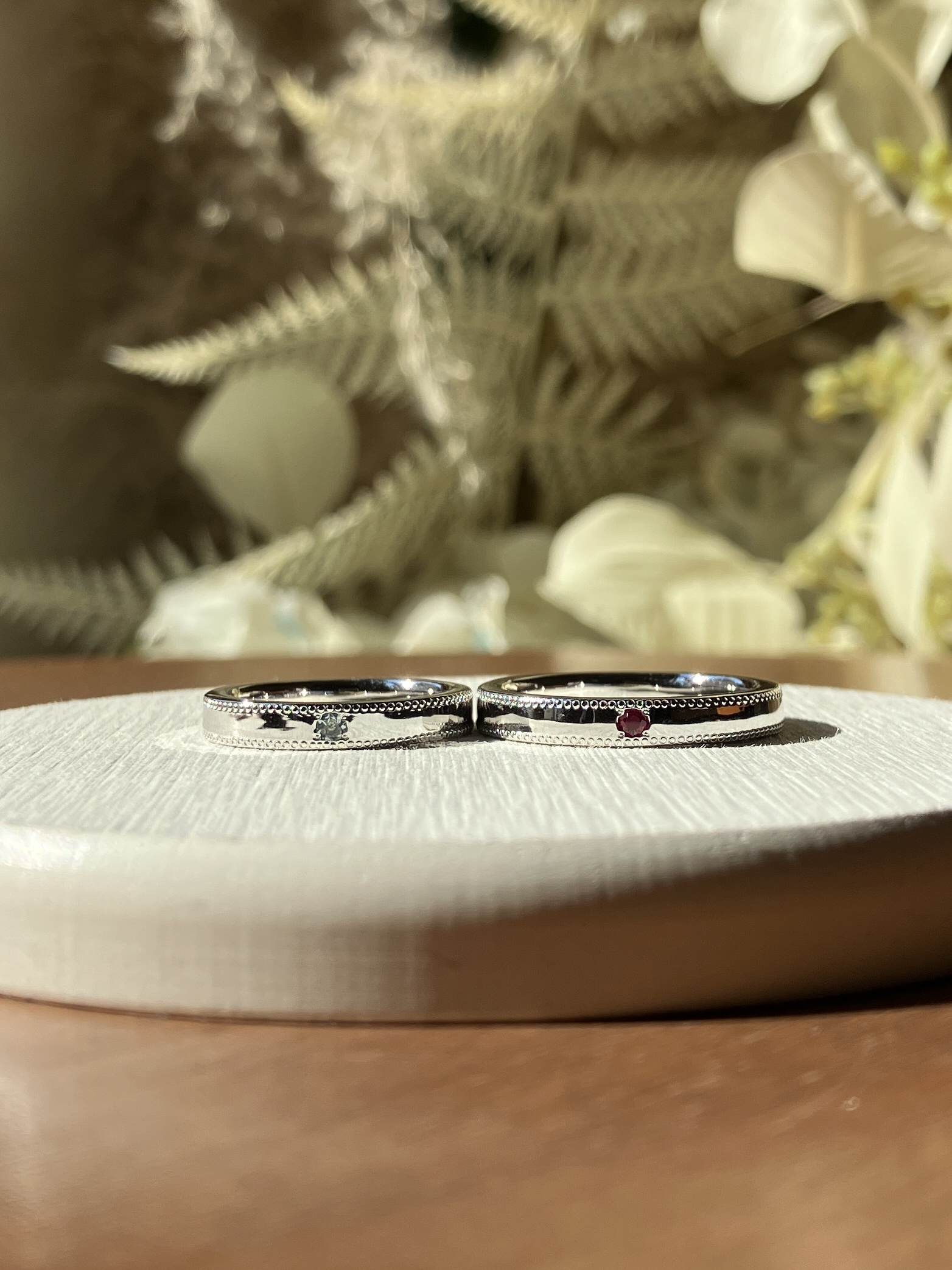 手作りペアリング（シルバー） 平打ち（内甲丸） 平打ち（内甲丸） 鏡面 ３mm 3月 アクアマリン 7月 ルビー ミル打ち