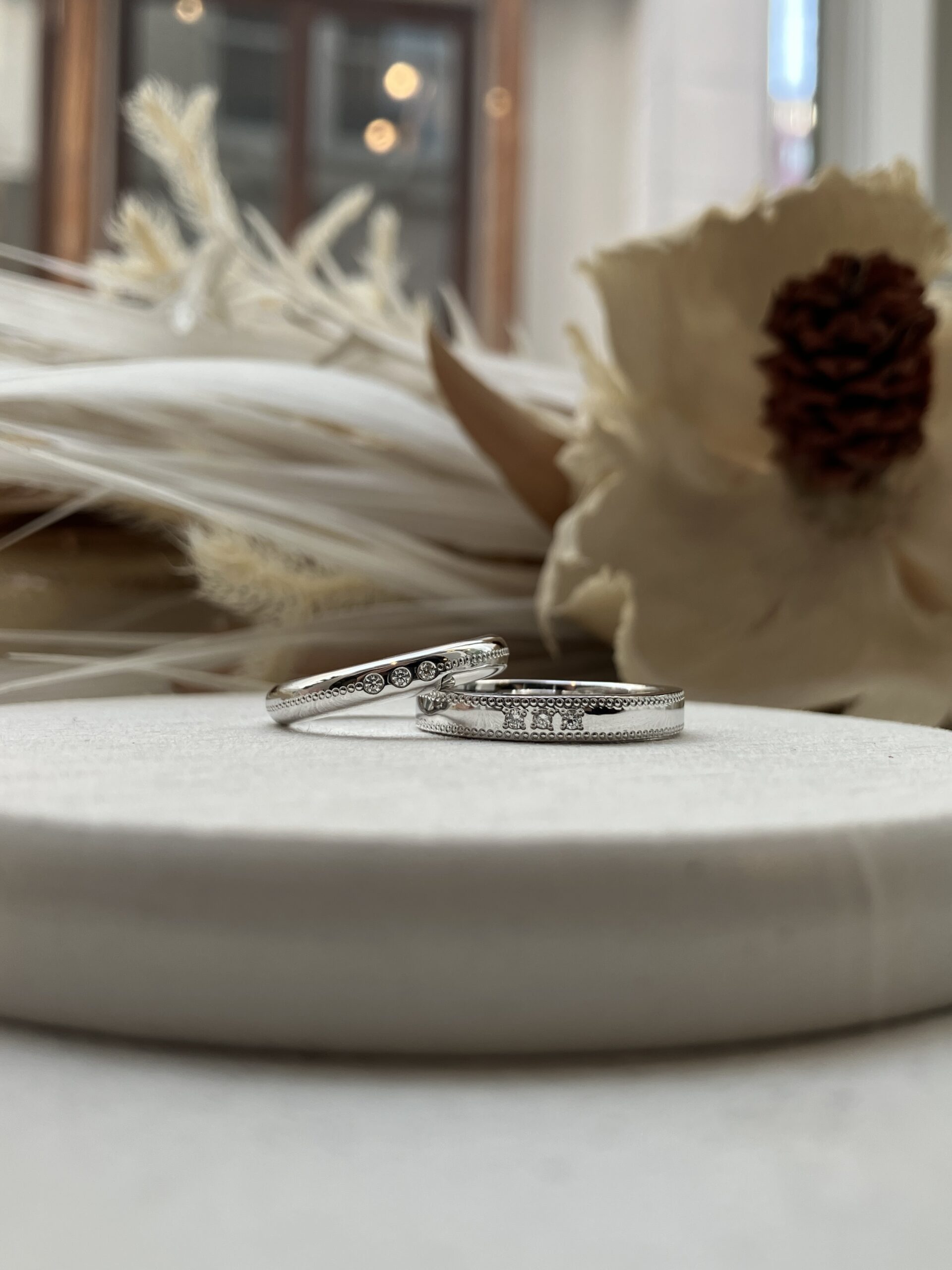 手作りペアリング（シルバー） シルバー925 平打ち（内甲丸） 甲丸 鏡面 ３mm カラーレスダイヤモンド ミル打ち レーザー刻印