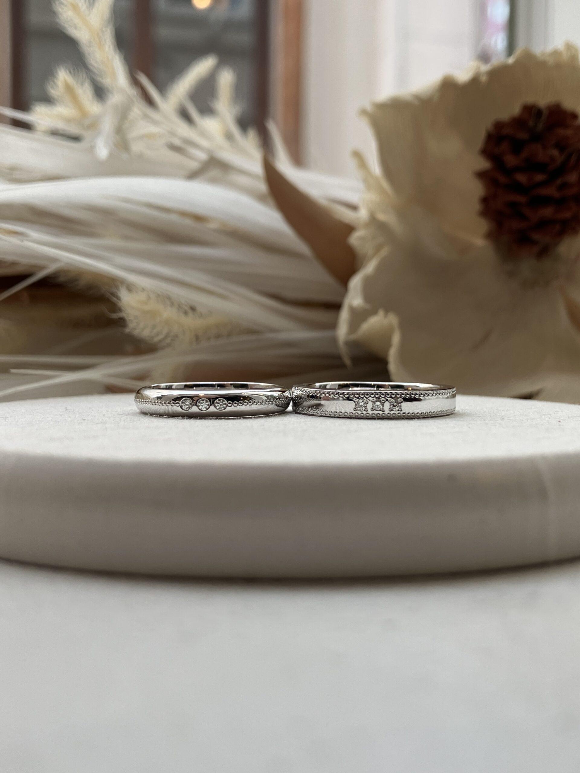 手作りペアリング（シルバー） シルバー925 平打ち（内甲丸） 甲丸 鏡面 ３mm カラーレスダイヤモンド ミル打ち レーザー刻印