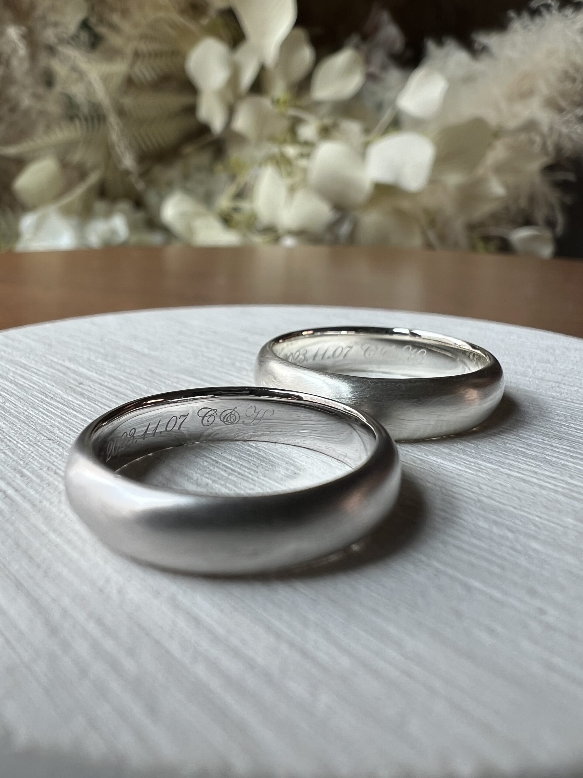 手作りペアリング（シルバー） シルバー925 甲丸 つや消し ４mm ５mm カラーリング（ロジウム） レーザー刻印