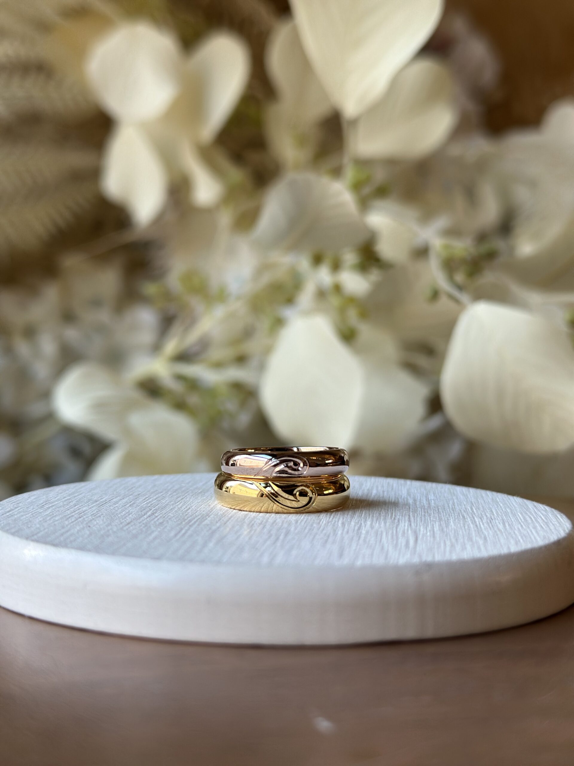 手作りハワイアンシルバーリング（ペアリング） シルバー925 甲丸 ハワイアン ４mm カラーリング（アンティークゴールド） カラーリング（ピンクゴールド） フィッシュフック