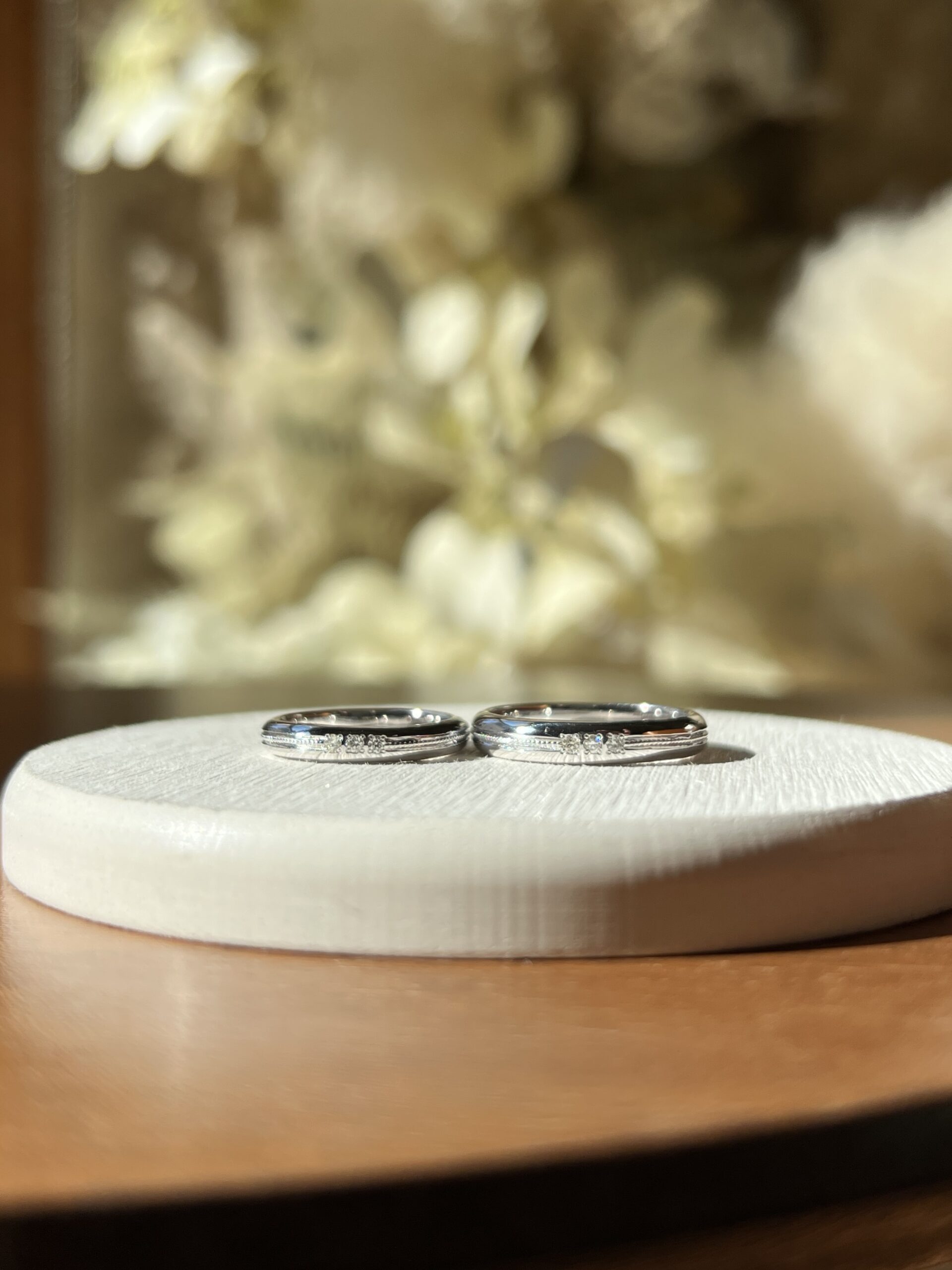 手作りペアリング（シルバー） シルバー925 甲丸 鏡面 ３mm ４mm カラーレスダイヤモンド カラーリング（ロジウム） ミル打ち レーザー刻印