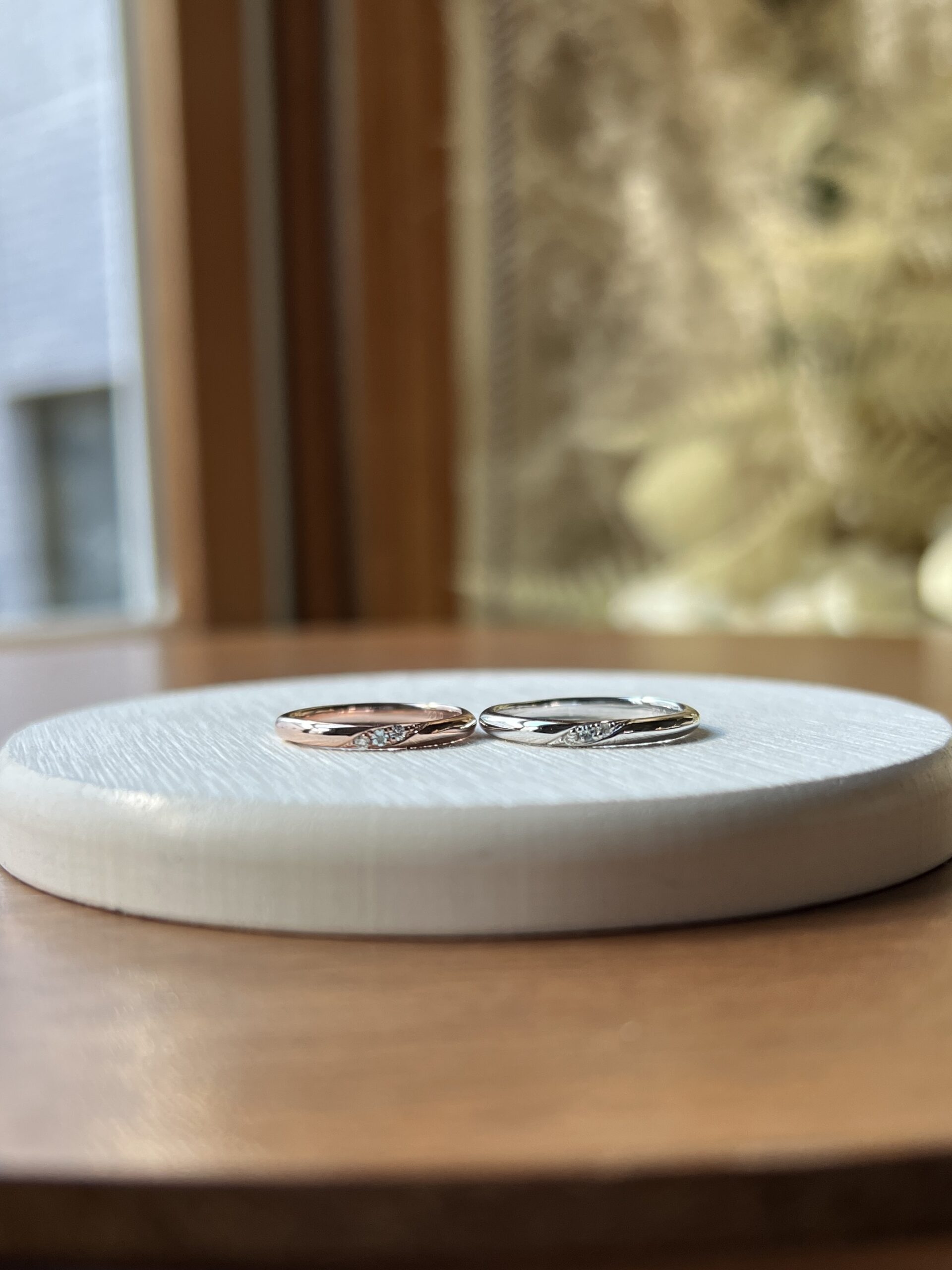 手作りペアリング（シルバー） シルバー925 彫り留め 甲丸 鏡面 ２mm 3月 アクアマリン カラーレスダイヤモンド カラーリング（ピンクゴールド） カラーリング（ロジウム）