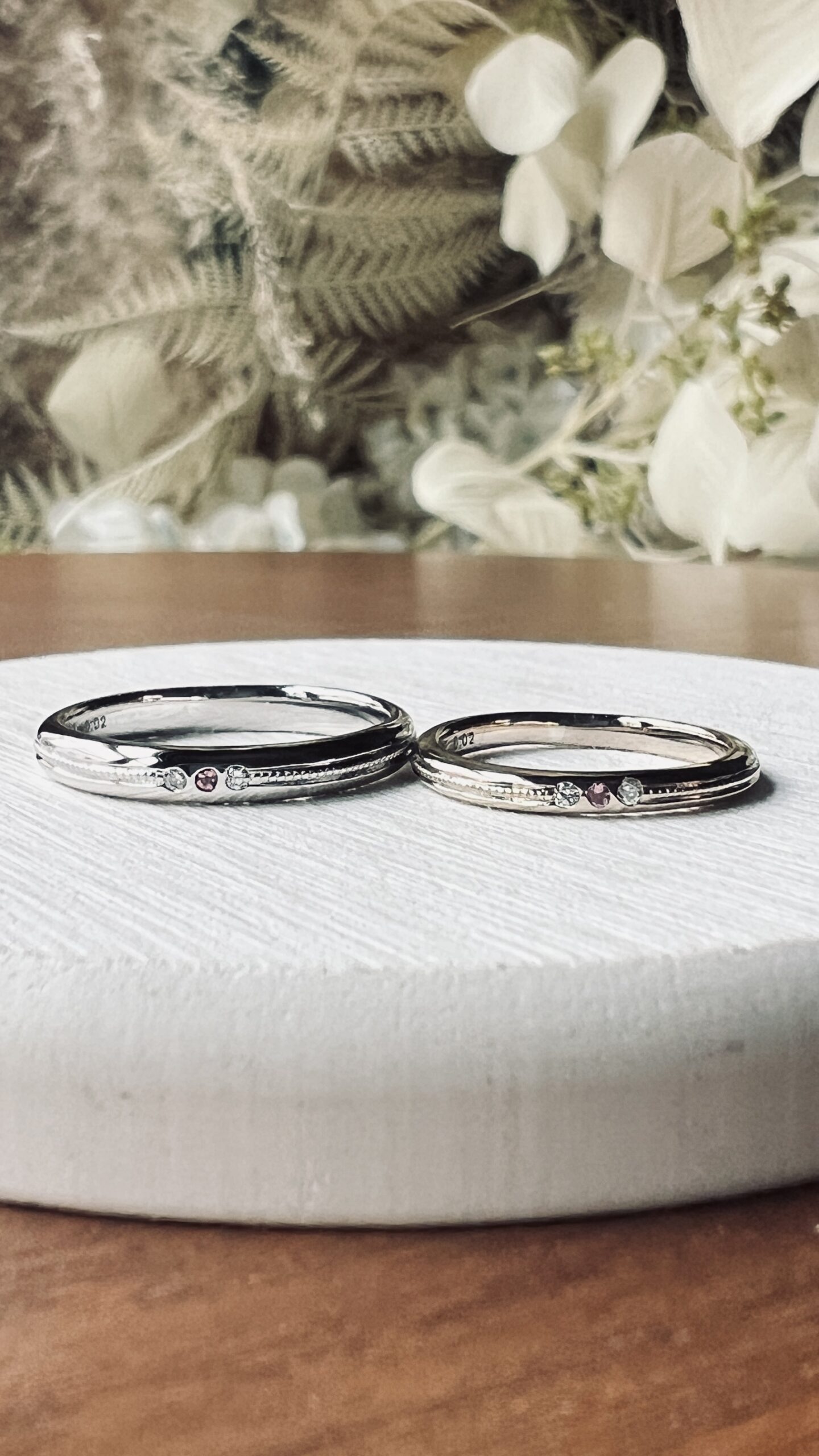 手作り結婚指輪 シャンパンゴールド（K18CG） プラチナ（Pt950） 甲丸 鏡面 ２mm ３mm 10月 トルマリン カラーレスダイヤモンド ミル打ち