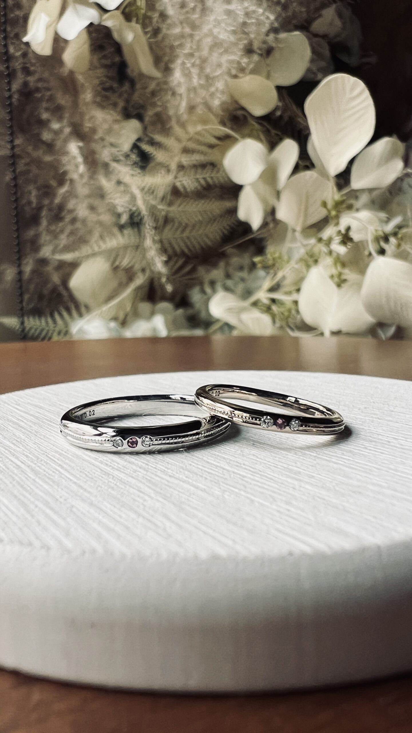 手作り結婚指輪 シャンパンゴールド（K18CG） プラチナ（Pt950） 甲丸 鏡面 ２mm ３mm 10月 トルマリン カラーレスダイヤモンド ミル打ち