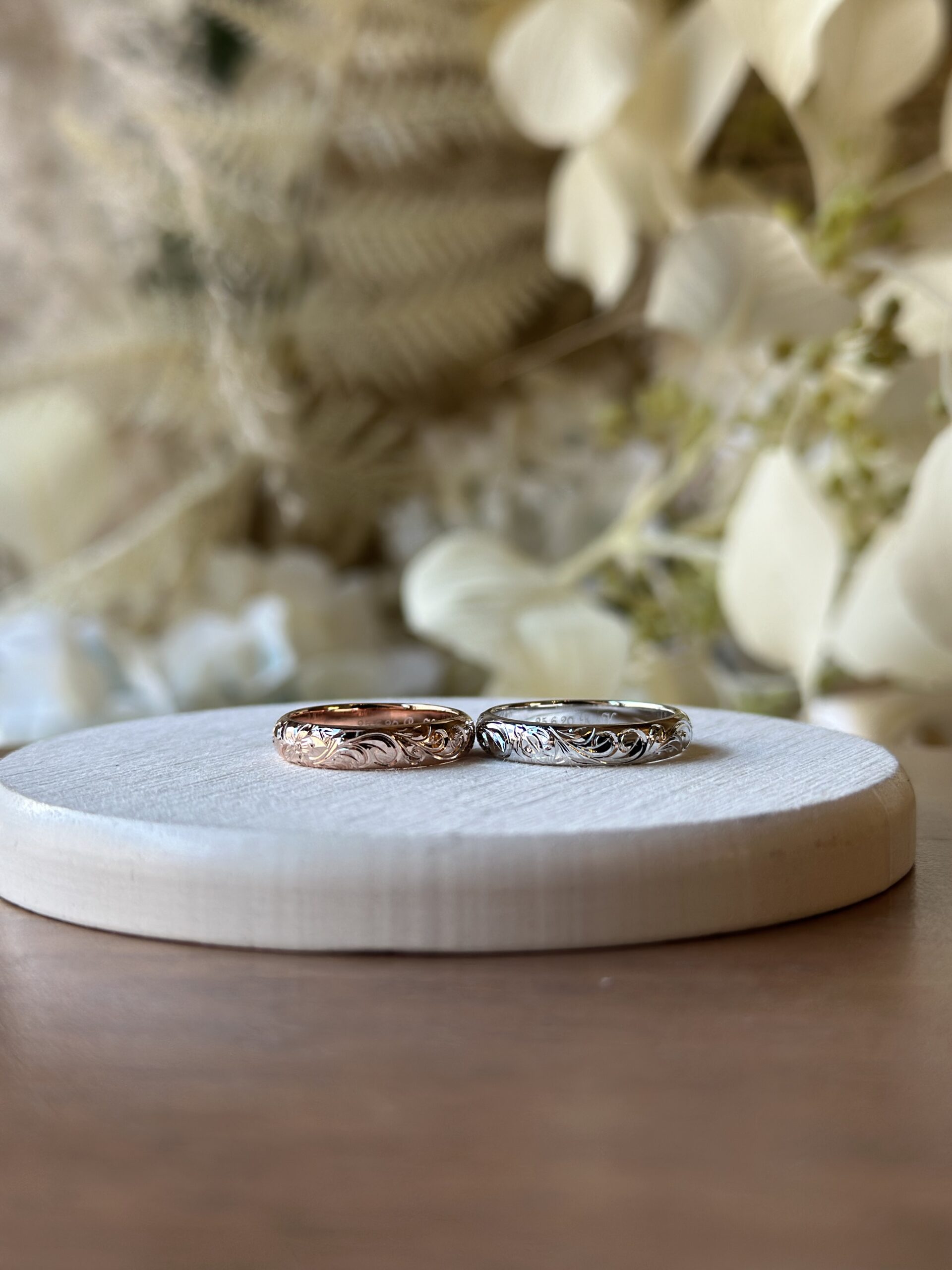 手作りハワイアンシルバーリング（ペアリング） シルバー925 甲丸 ハワイアン ４mm カラーリング（ピンクゴールド） カラーリング（ロジウム）