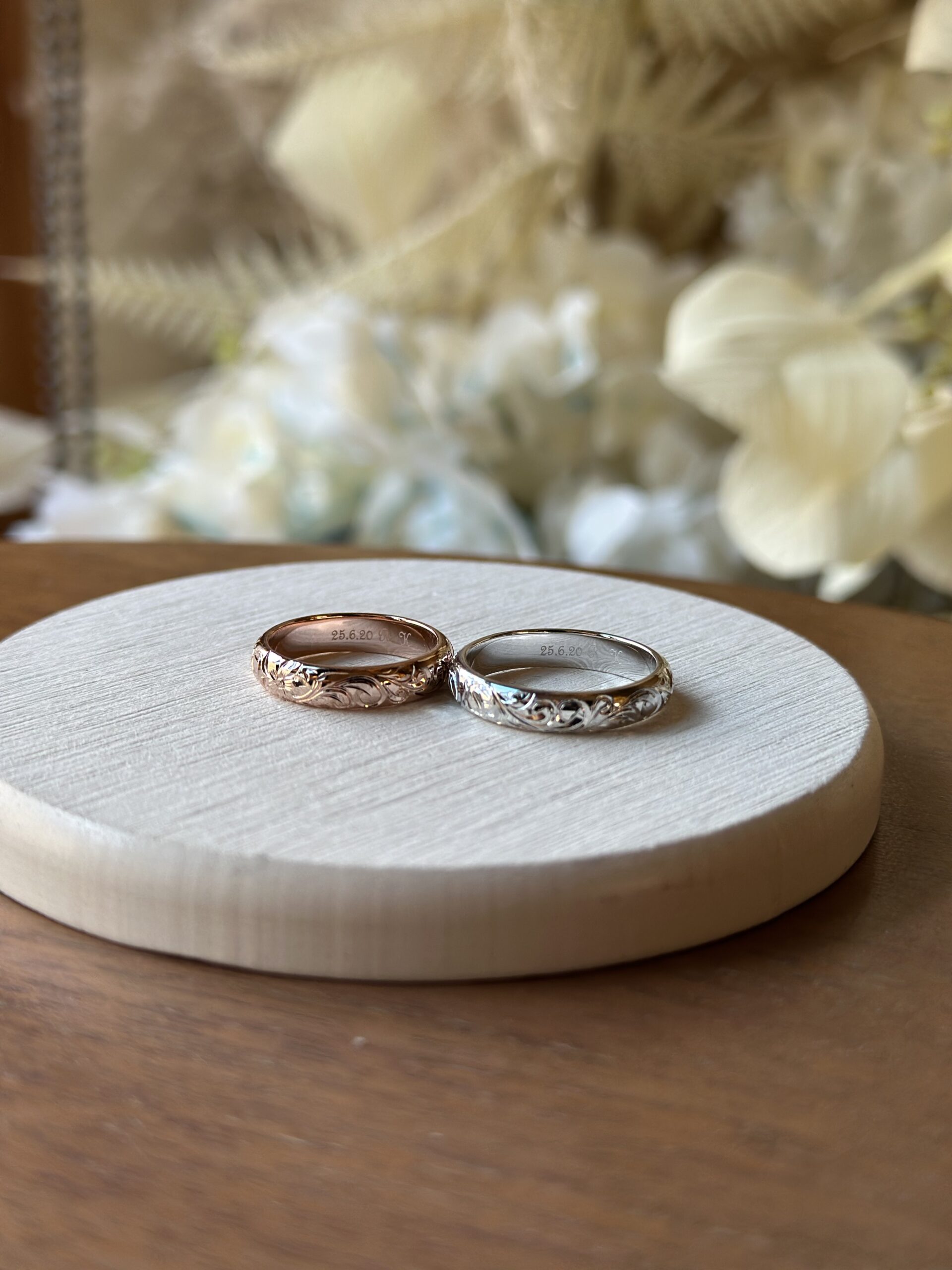 手作りハワイアンシルバーリング（ペアリング） シルバー925 甲丸 ハワイアン ４mm カラーリング（ピンクゴールド） カラーリング（ロジウム）