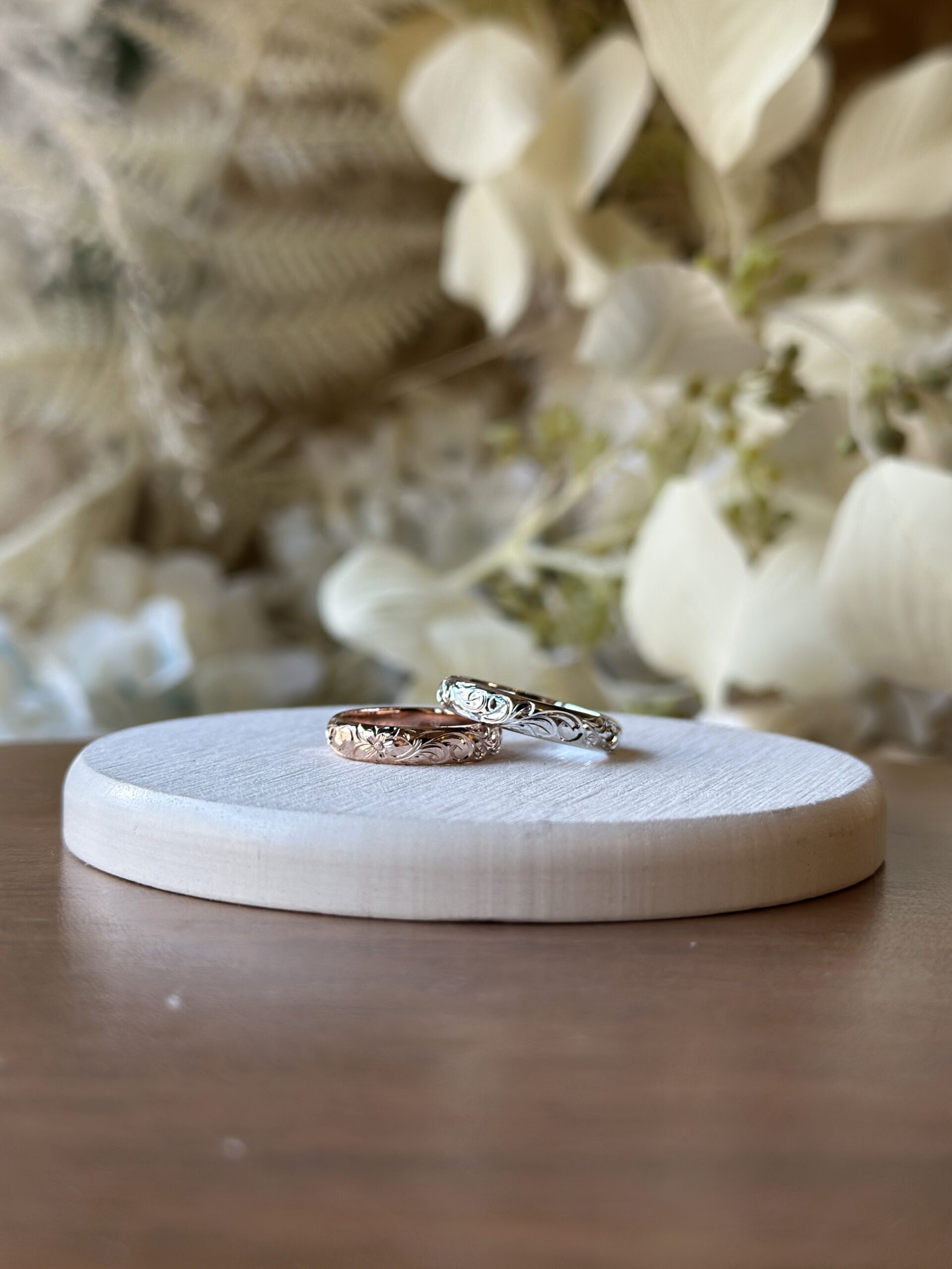 手作りハワイアンシルバーリング（ペアリング） シルバー925 甲丸 ハワイアン ４mm カラーリング（ピンクゴールド） カラーリング（ロジウム）