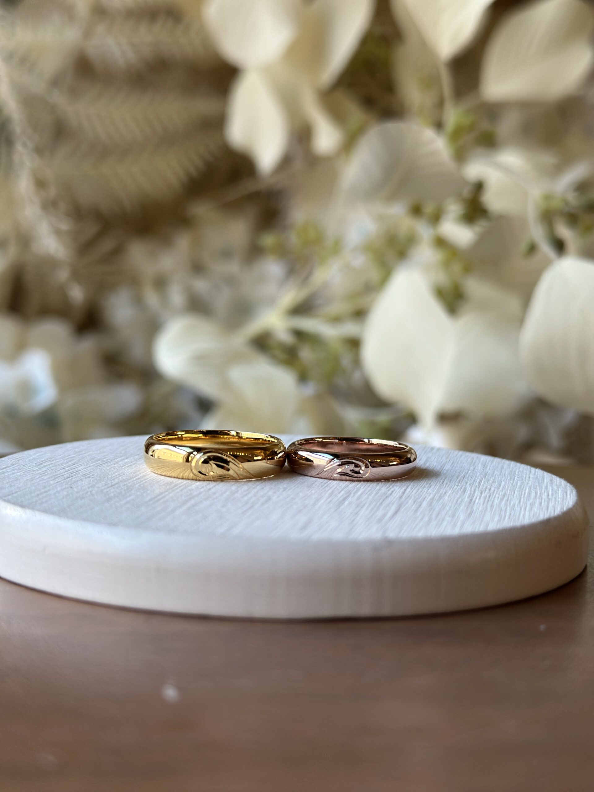 手作りハワイアンシルバーリング（ペアリング） シルバー925 甲丸 ハワイアン ４mm カラーリング（アンティークゴールド） カラーリング（ピンクゴールド） フィッシュフック