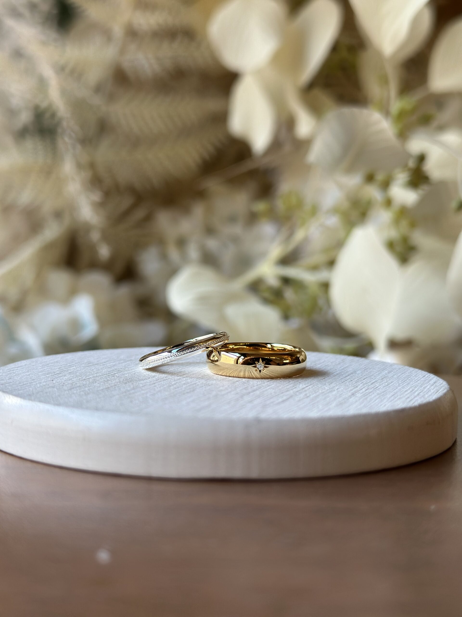 手作りハワイアンシルバーリング（ペアリング） 手作りペアリング（シルバー） シルバー925 五光留め 五光留め 甲丸 鏡面 ２mm ５mm カラーレスダイヤ70％ カラーリング（イエローゴールド） カラーリング（ロジウム） ミル打ち