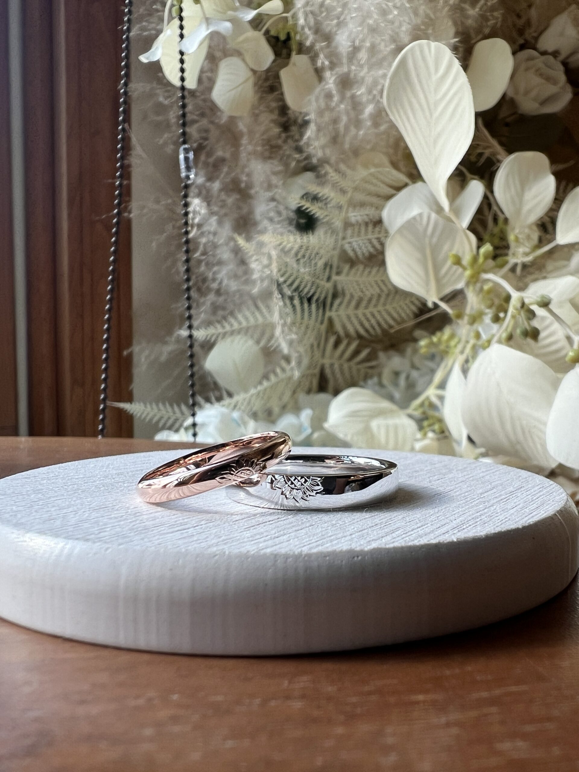 手作りハワイアンシルバーリング（ペアリング） シルバー925 平打ち（内甲丸） 甲丸 ハワイアン ３mm ４mm カラーリング（ピンクゴールド） カラーリング（ロジウム） ハワイアンふたりでひとつ