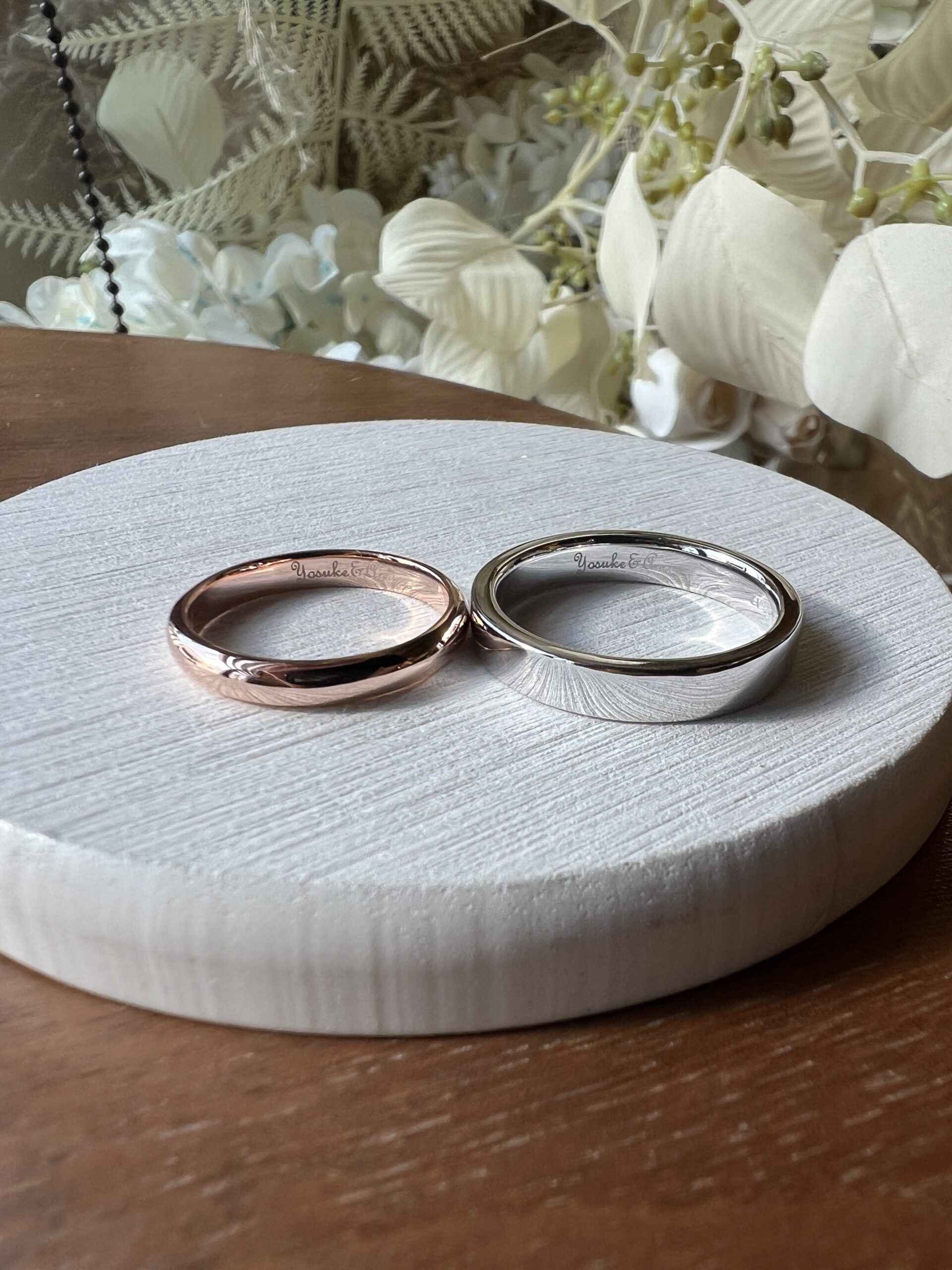 手作りハワイアンシルバーリング（ペアリング） シルバー925 平打ち（内甲丸） 甲丸 ハワイアン ３mm ４mm カラーリング（ピンクゴールド） カラーリング（ロジウム） ハワイアンふたりでひとつ